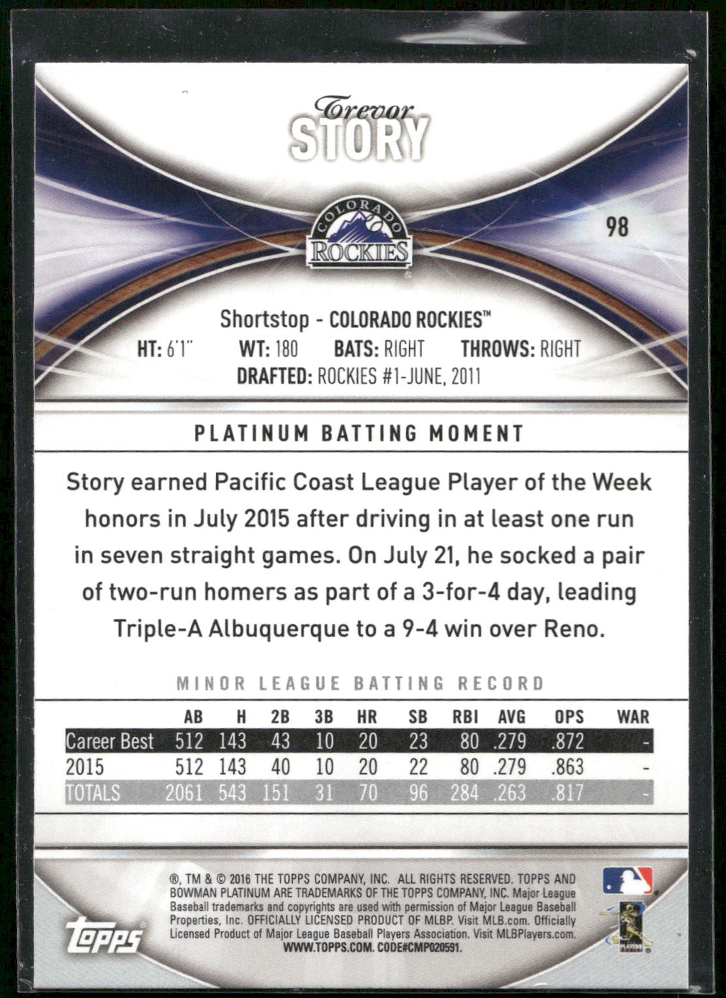 2016 Bowman Platinum #98 Trevor Story
