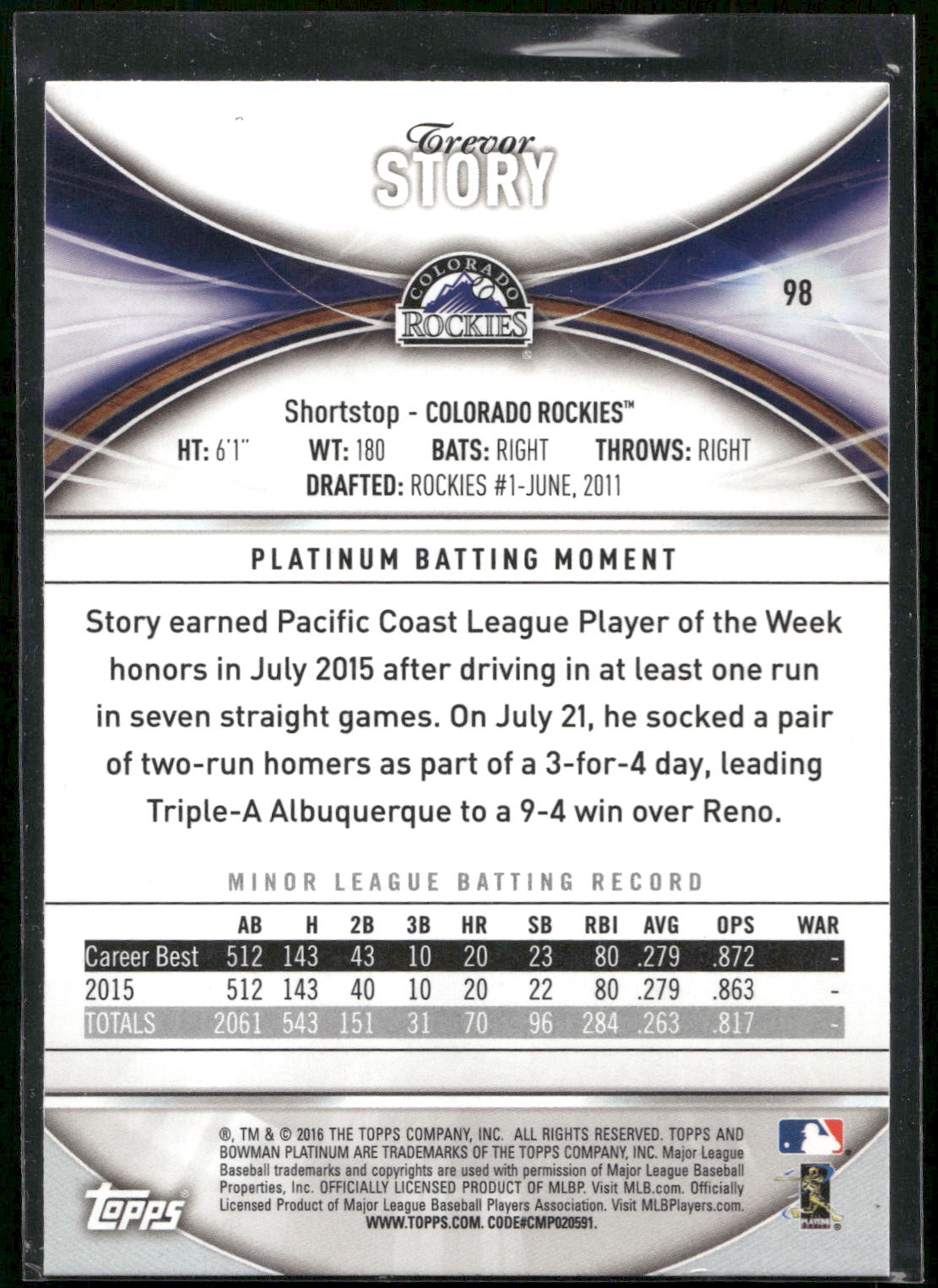 2016 Bowman Platinum #98 Trevor Story