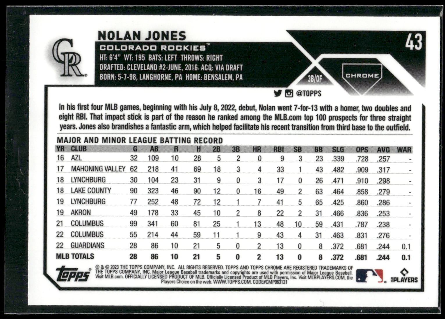 2023 Topps Chrome #43 Nolan Jones