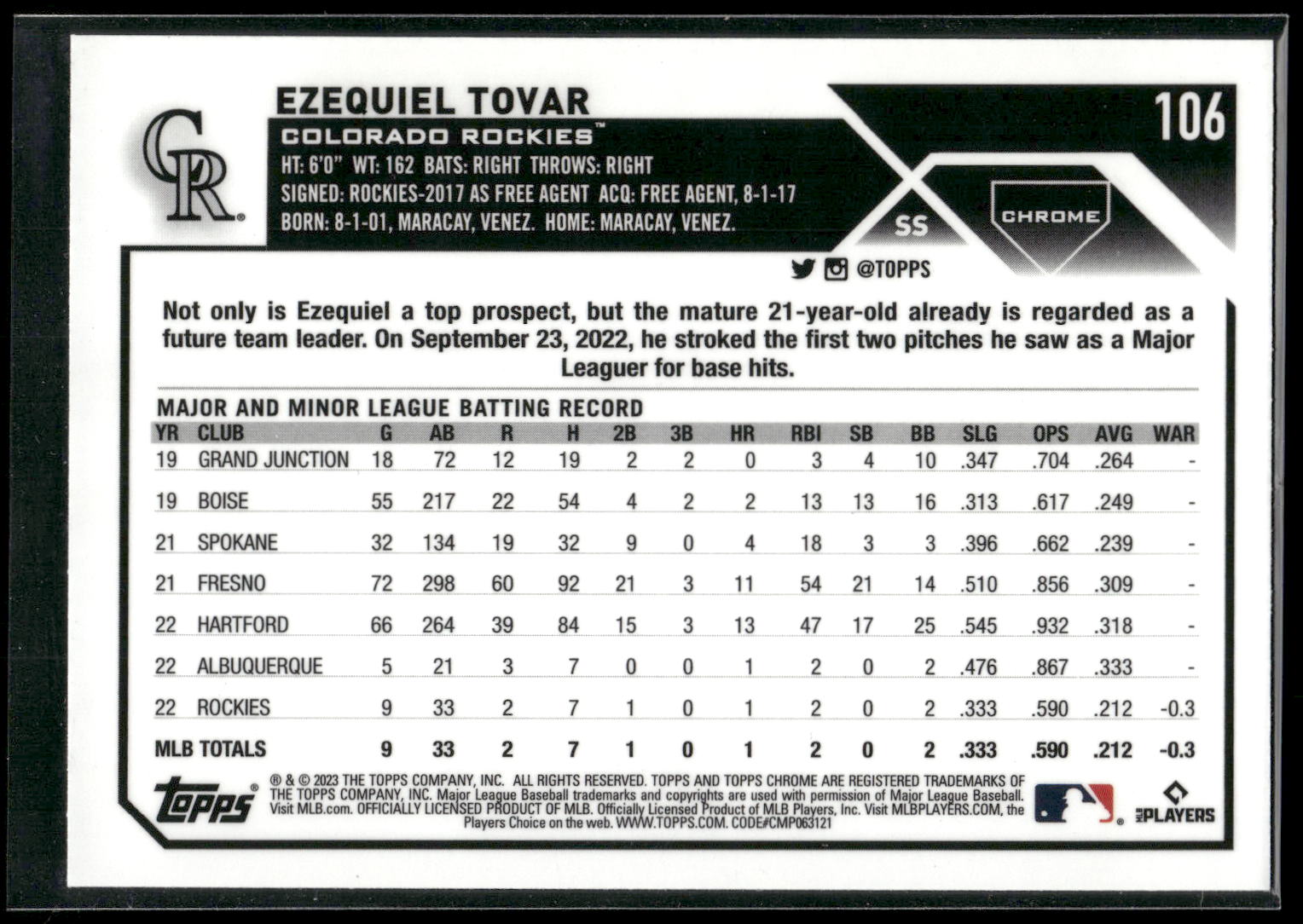 2023 Topps Chrome #106 Ezequiel Tovar
