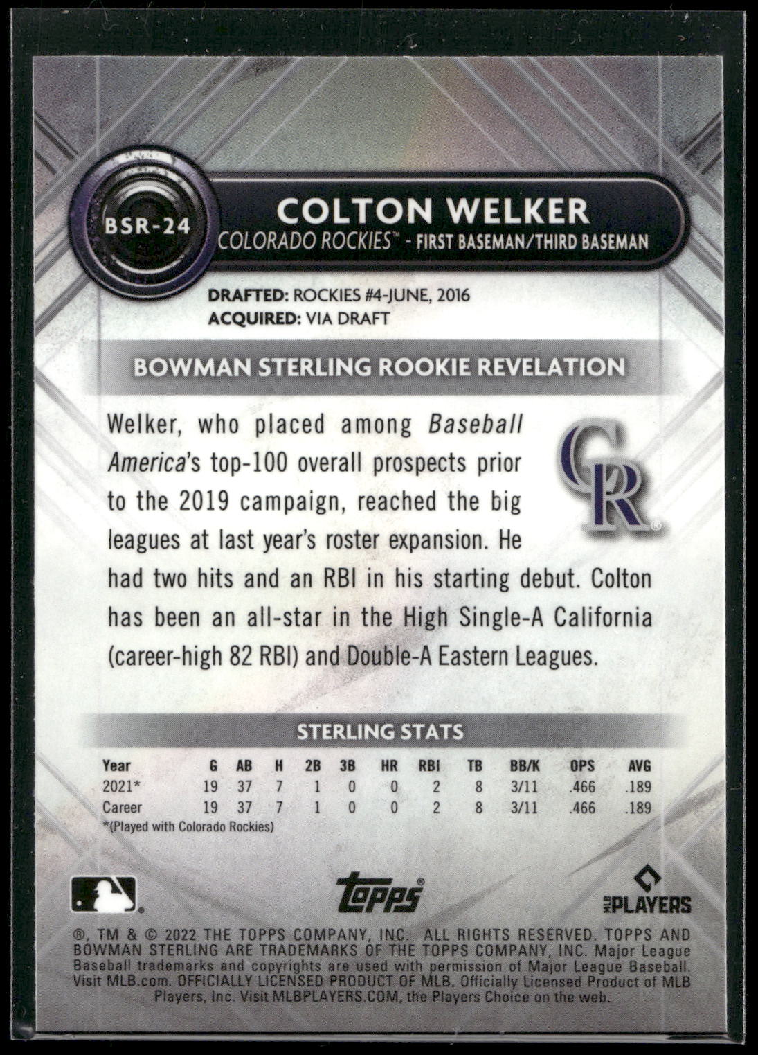 2022 Bowman Sterling #BSR-24 Colton Welker