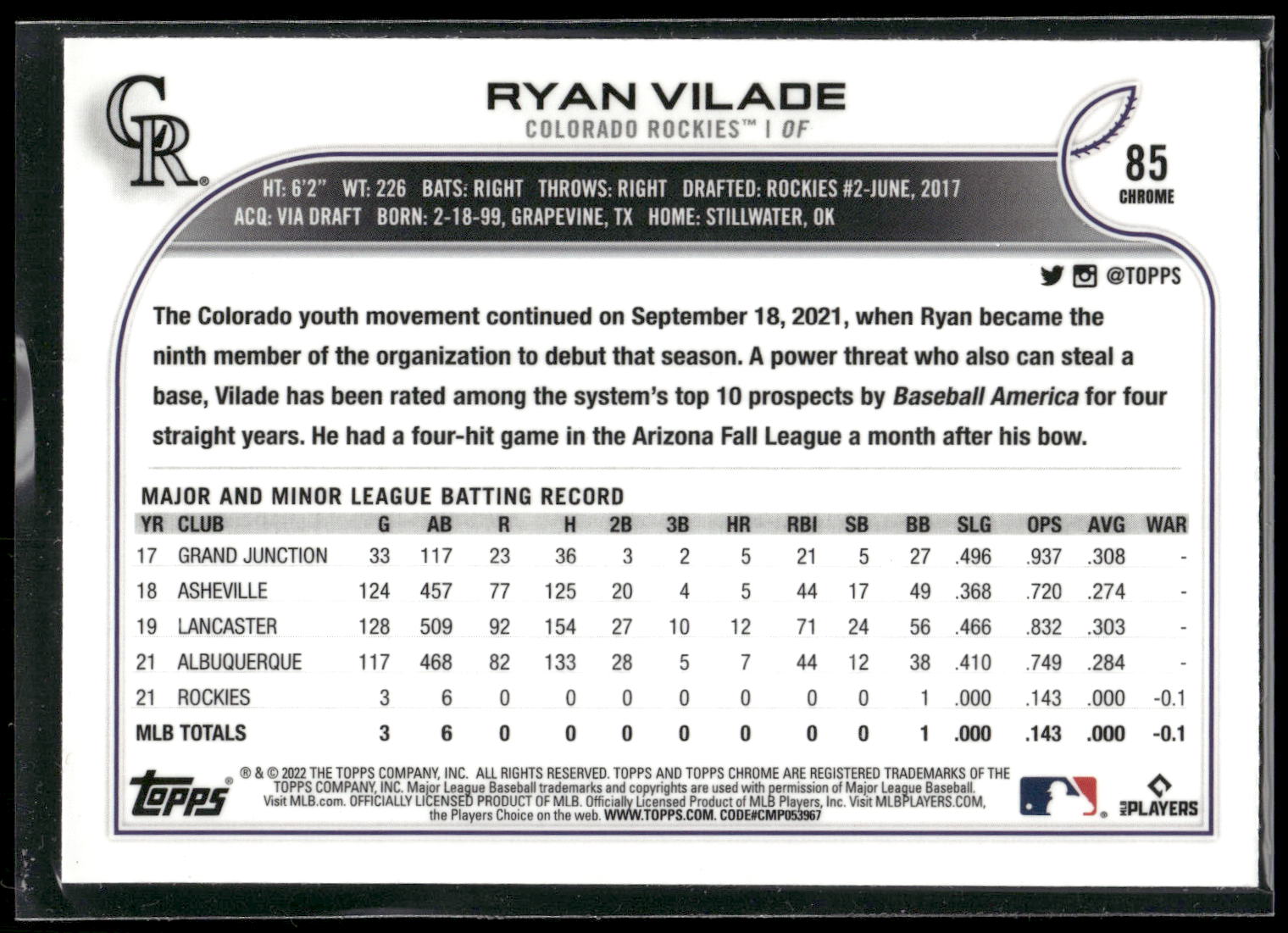 2022 Topps Chrome Sonic #85 Ryan Vilade