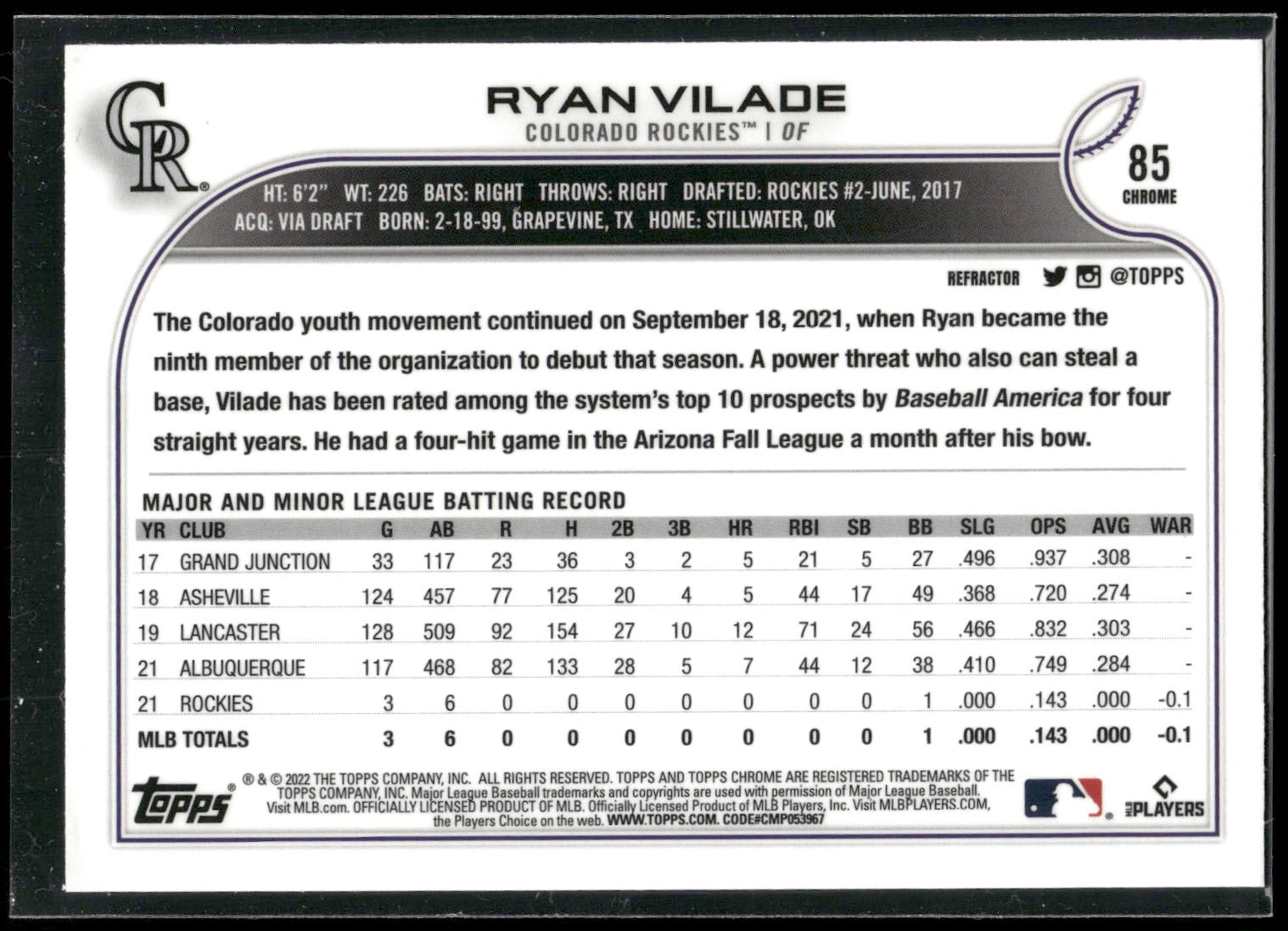 2022 Topps Chrome #85 Ryan Vilade Refractor