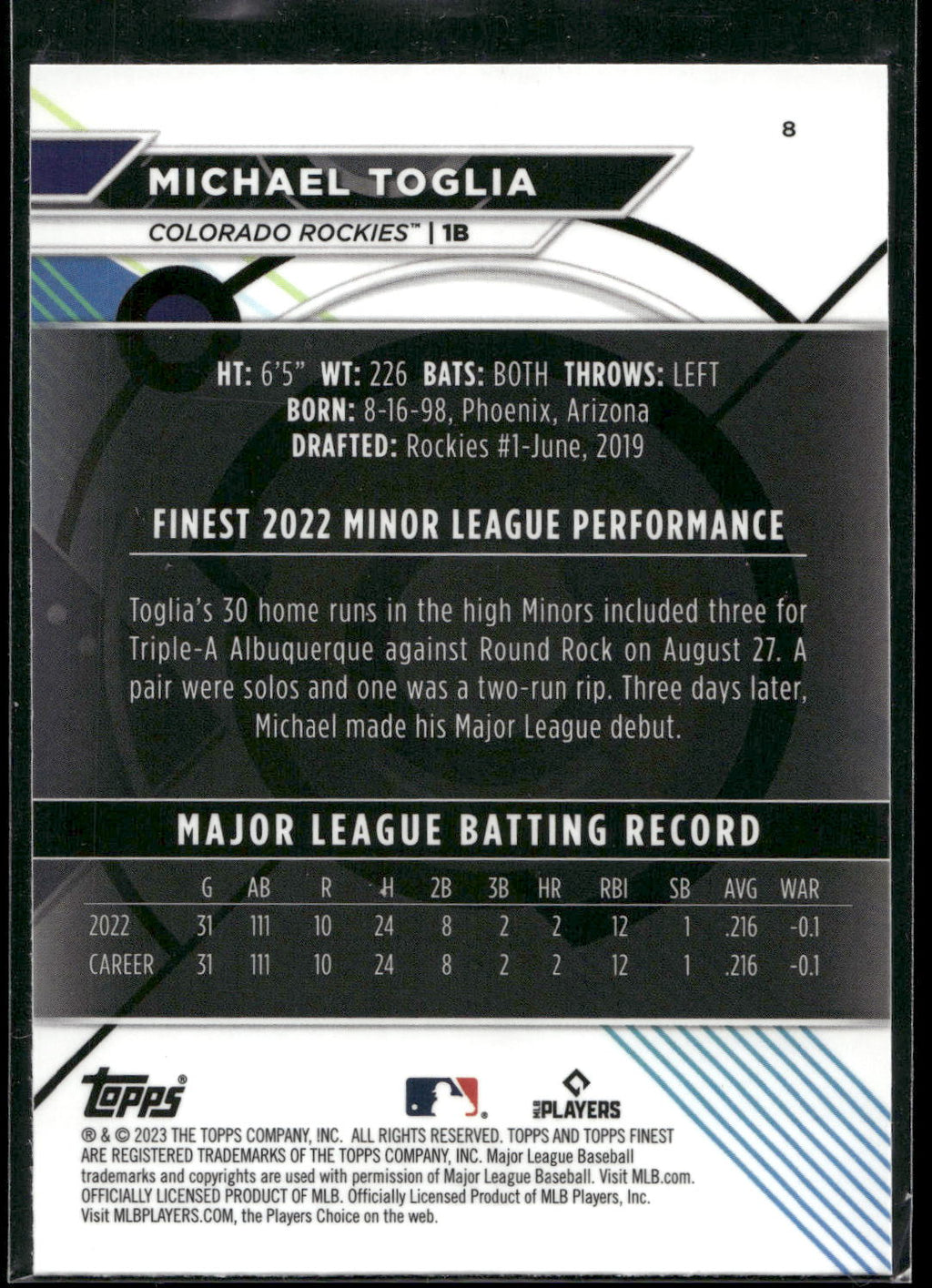 2023 Finest #8 Michael Toglia