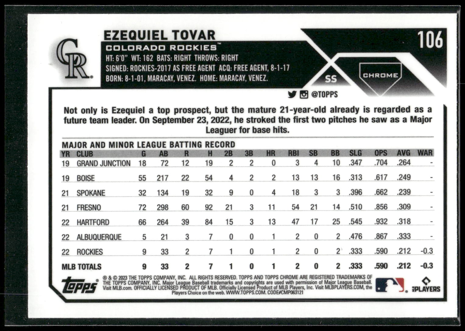 2023 Topps Chrome #106 Ezequiel Tovar