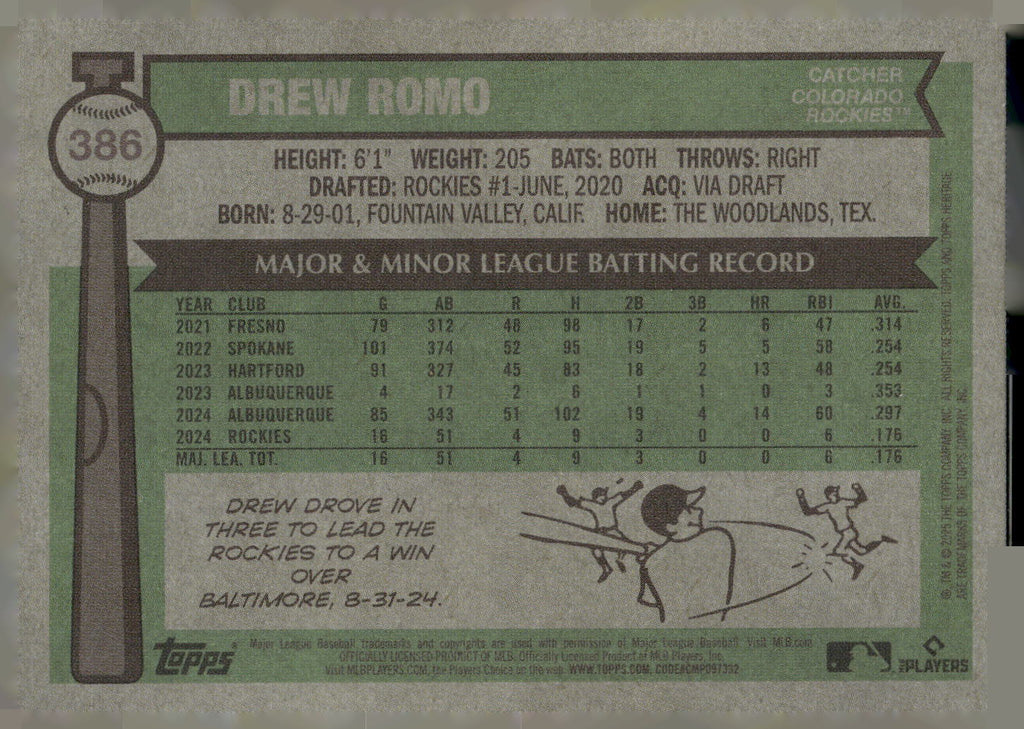 2025 Topps Heritage #386 Drew Romo Dark Blue Border