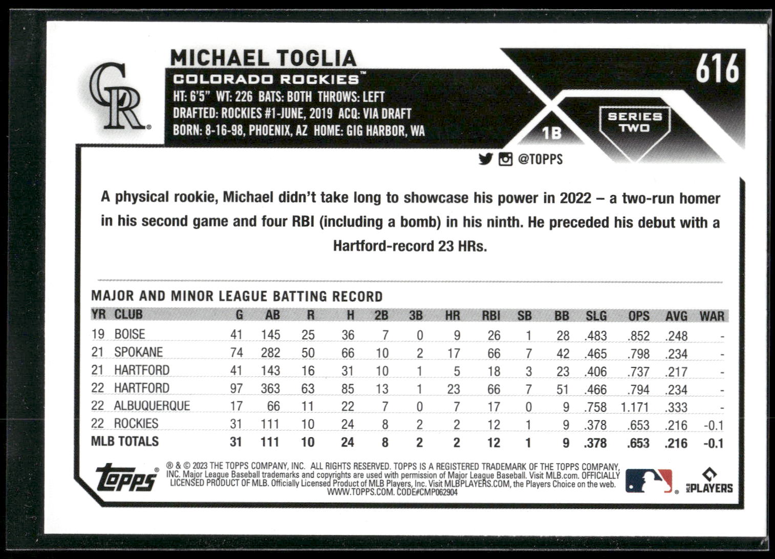 2023 Topps #616 Michael Toglia