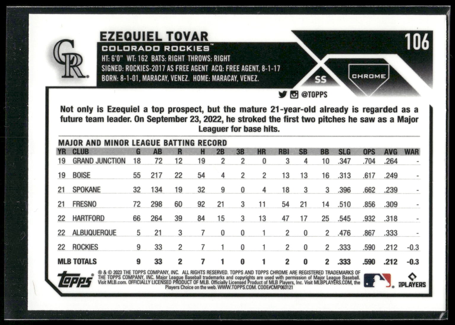2023 Topps Chrome #106 Ezequiel Tovar