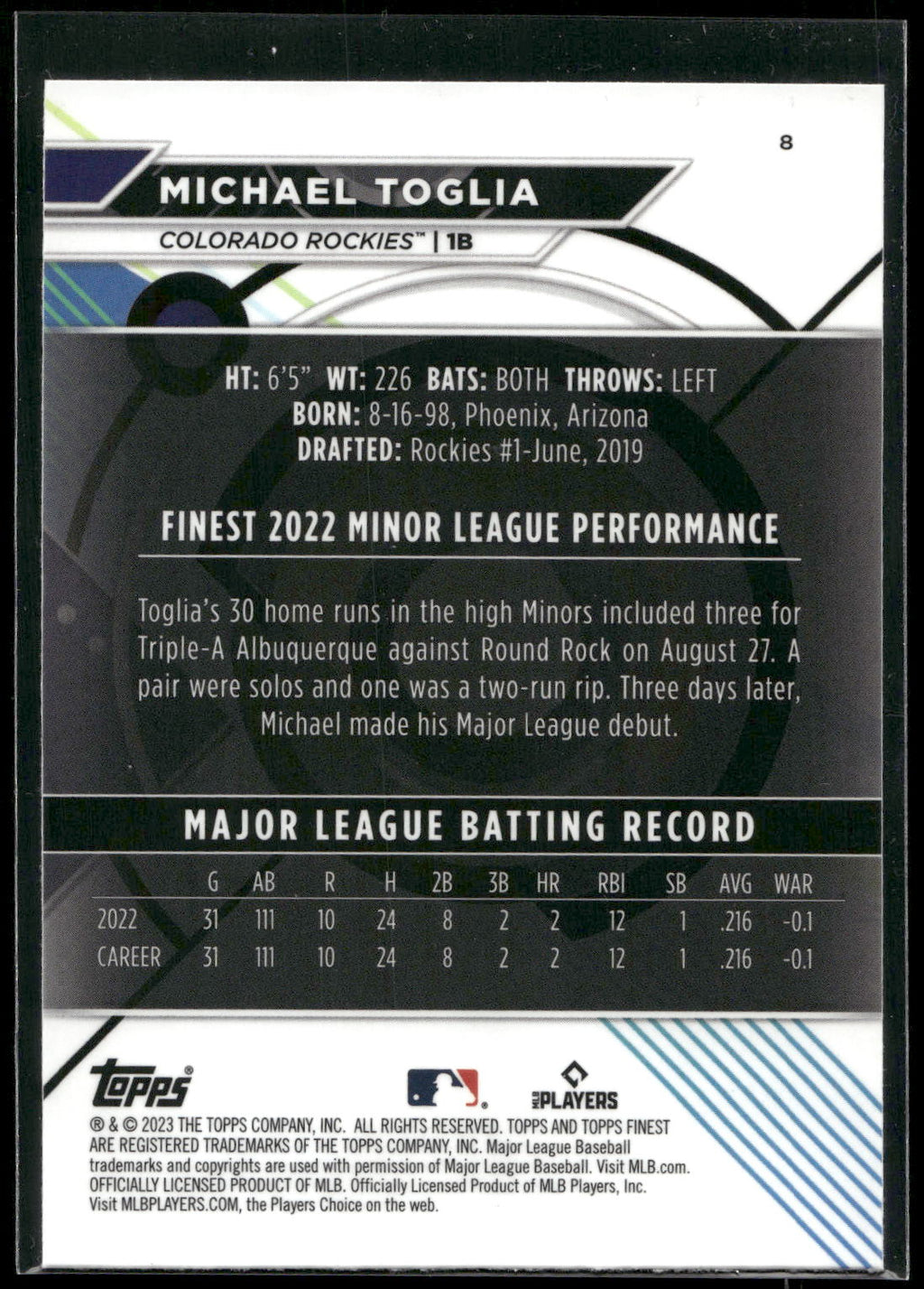 2023 Finest #8 Michael Toglia