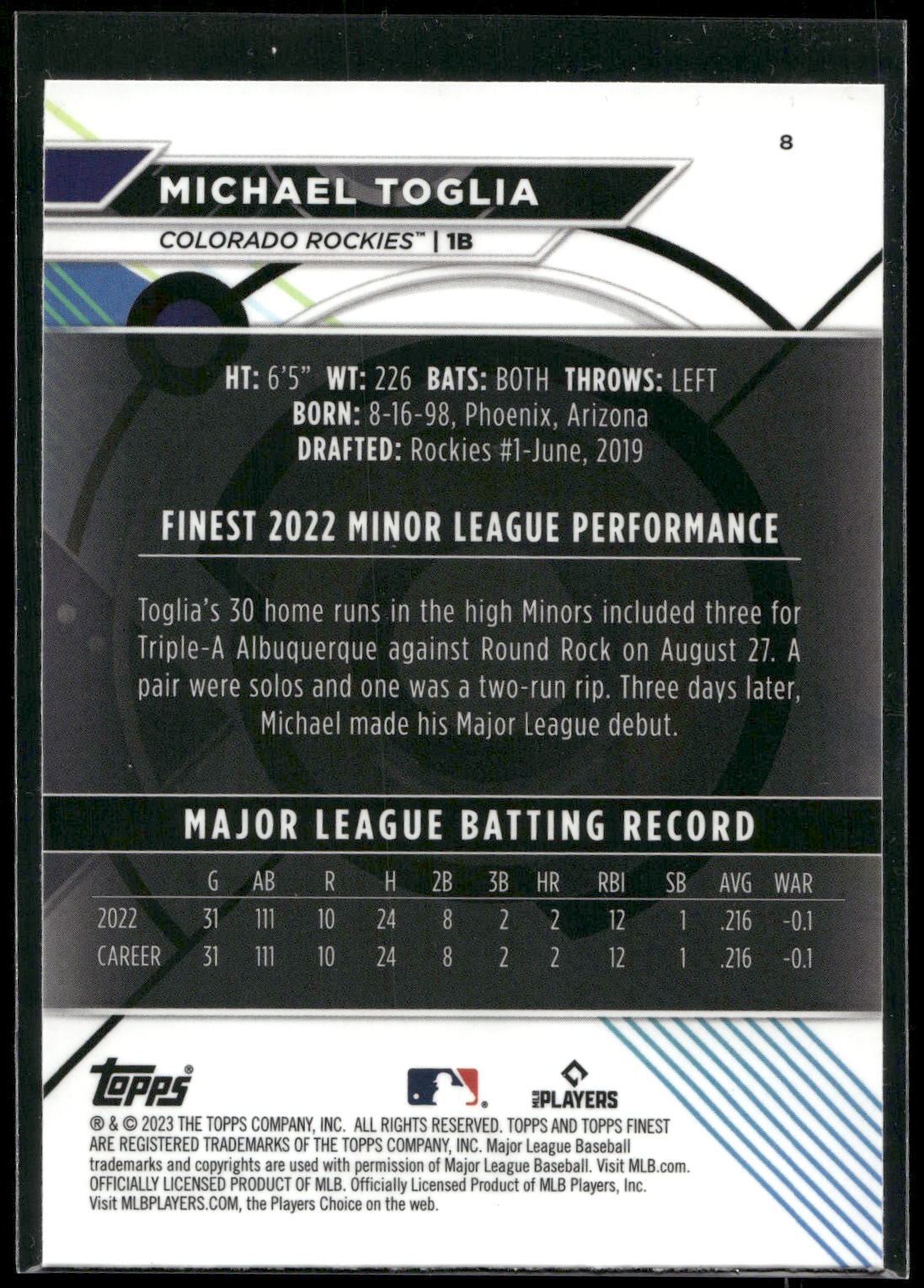 2023 Finest #8 Michael Toglia