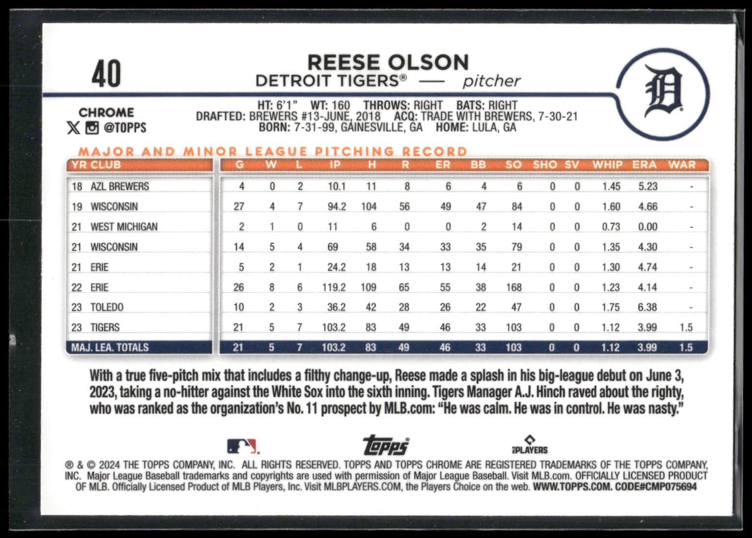 2024 Topps Chrome #40 Reese Olson X-Fractors
