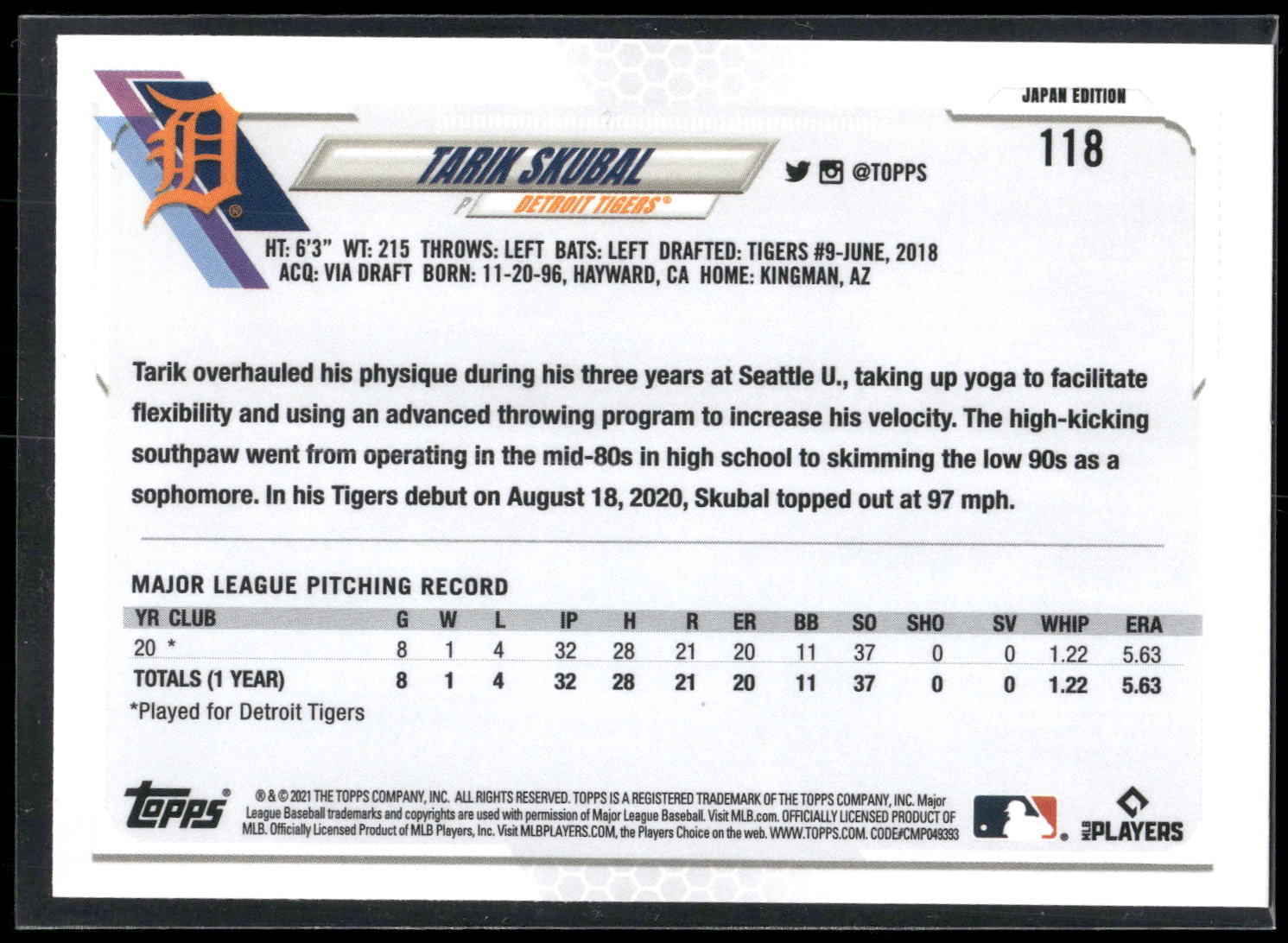 2021 Topps Japan Edition #118 Tarik Skubal