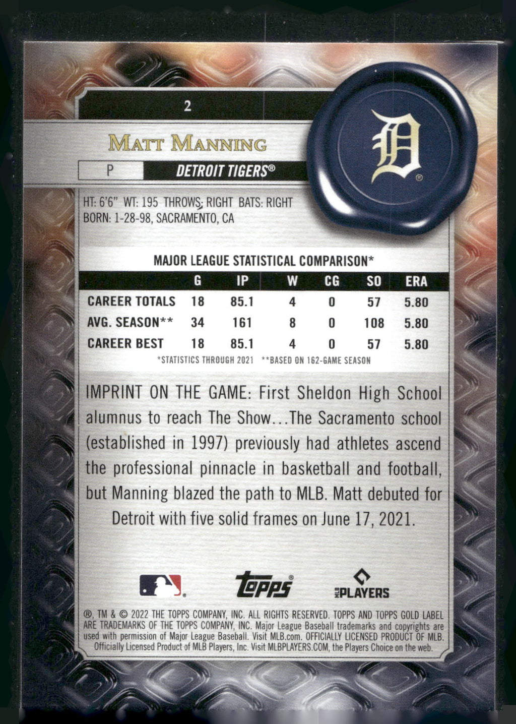 2022 Topps Gold Label #2 Matt Manning Class 2