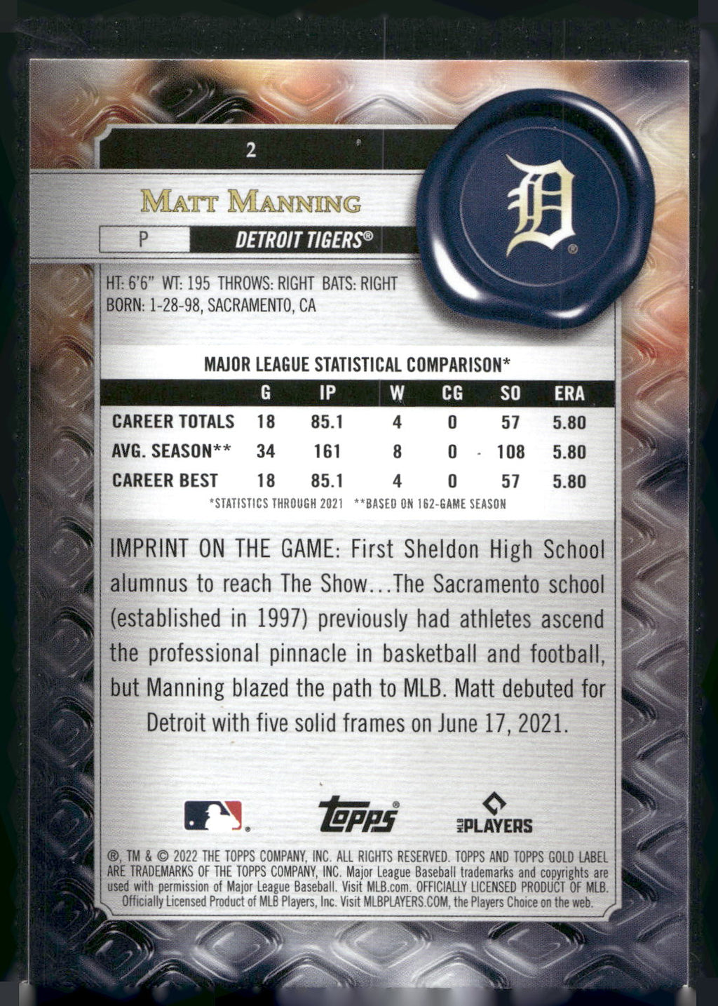 2022 Topps Gold Label #2 Matt Manning