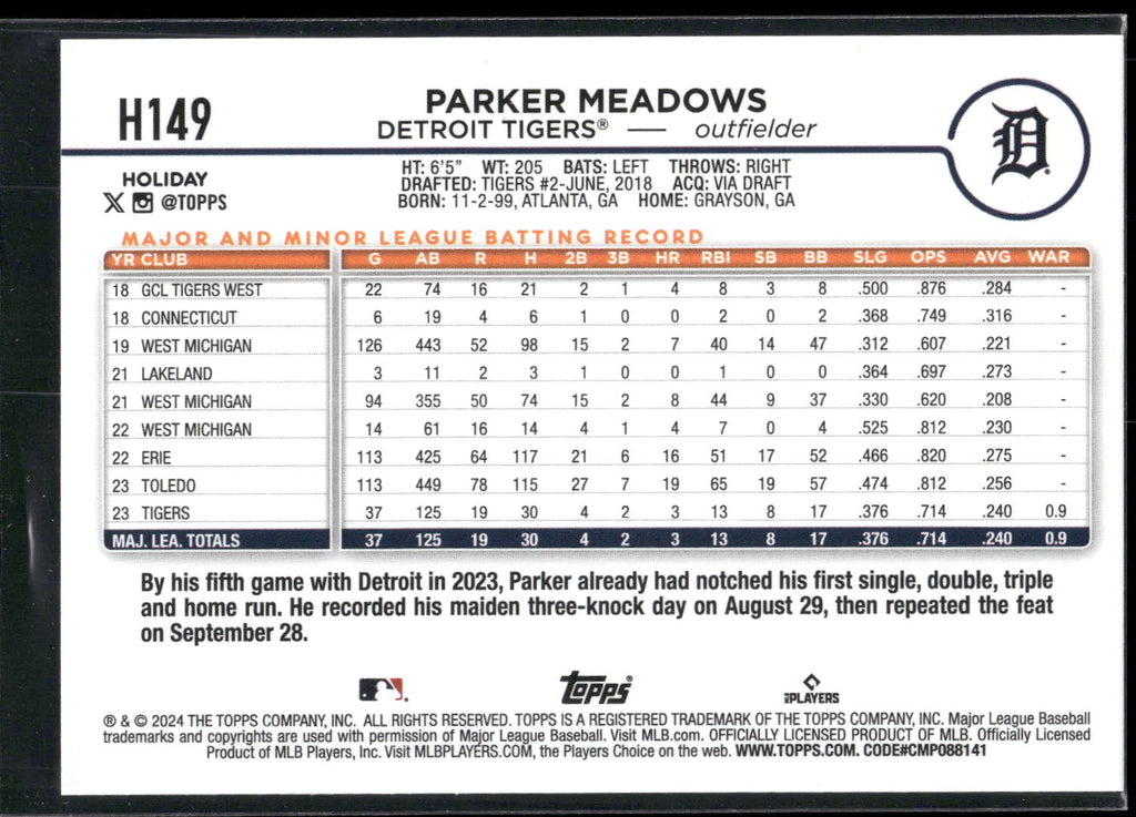 2024 Topps Holiday #H149 Parker Meadows