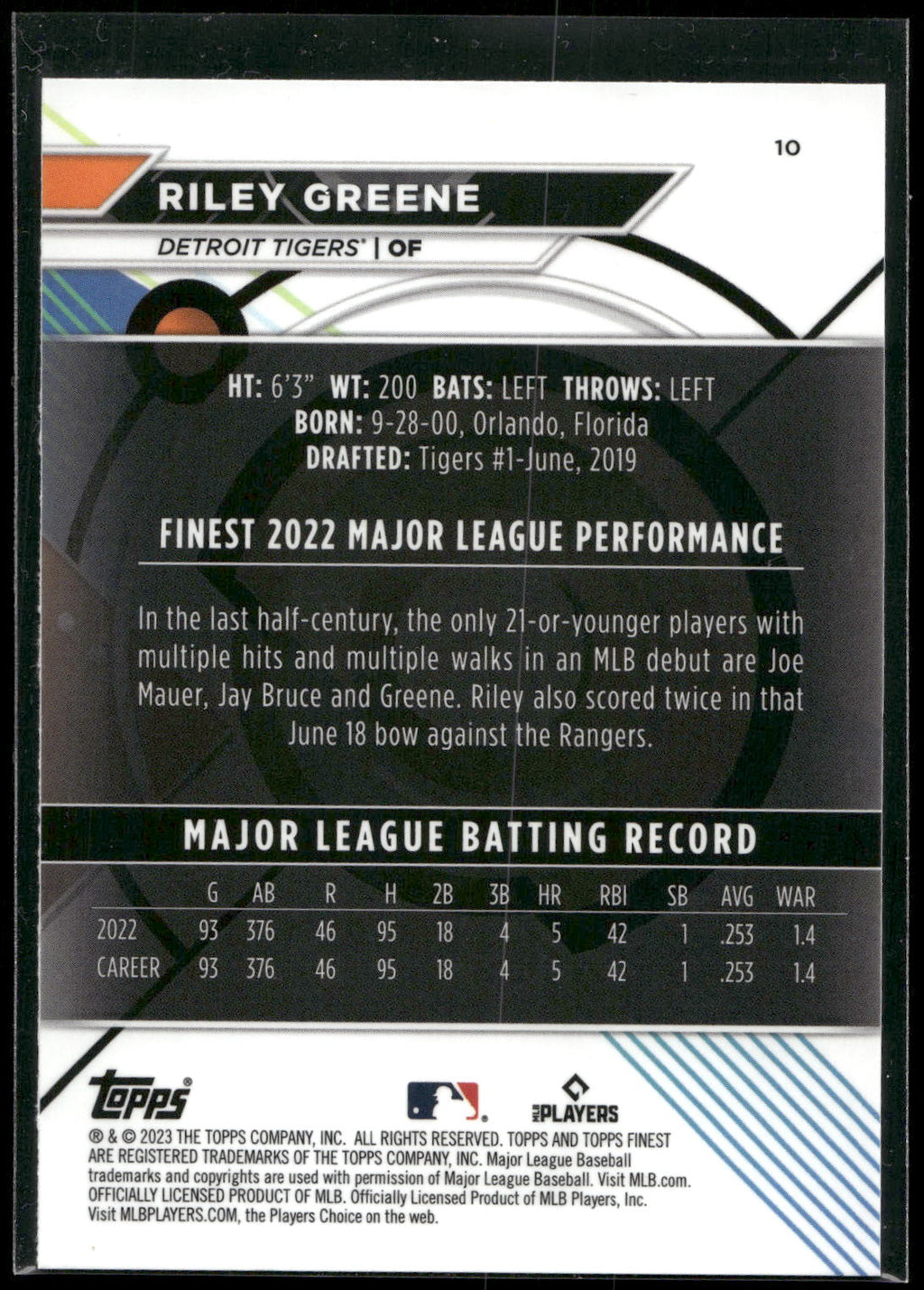 2023 Finest #10 Riley Greene