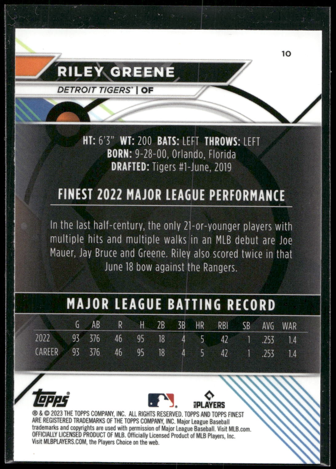 2023 Finest #10 Riley Greene