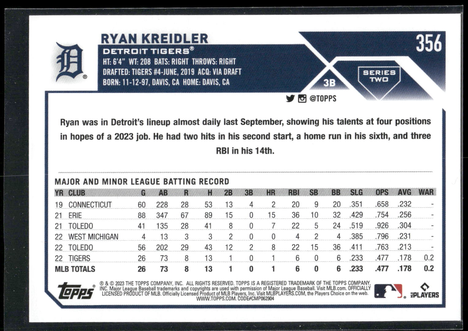 2023 Topps #356 Ryan Kreidler