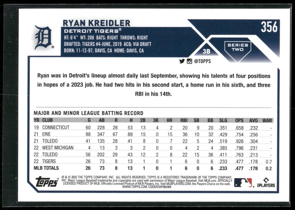 2023 Topps #356 Ryan Kreidler
