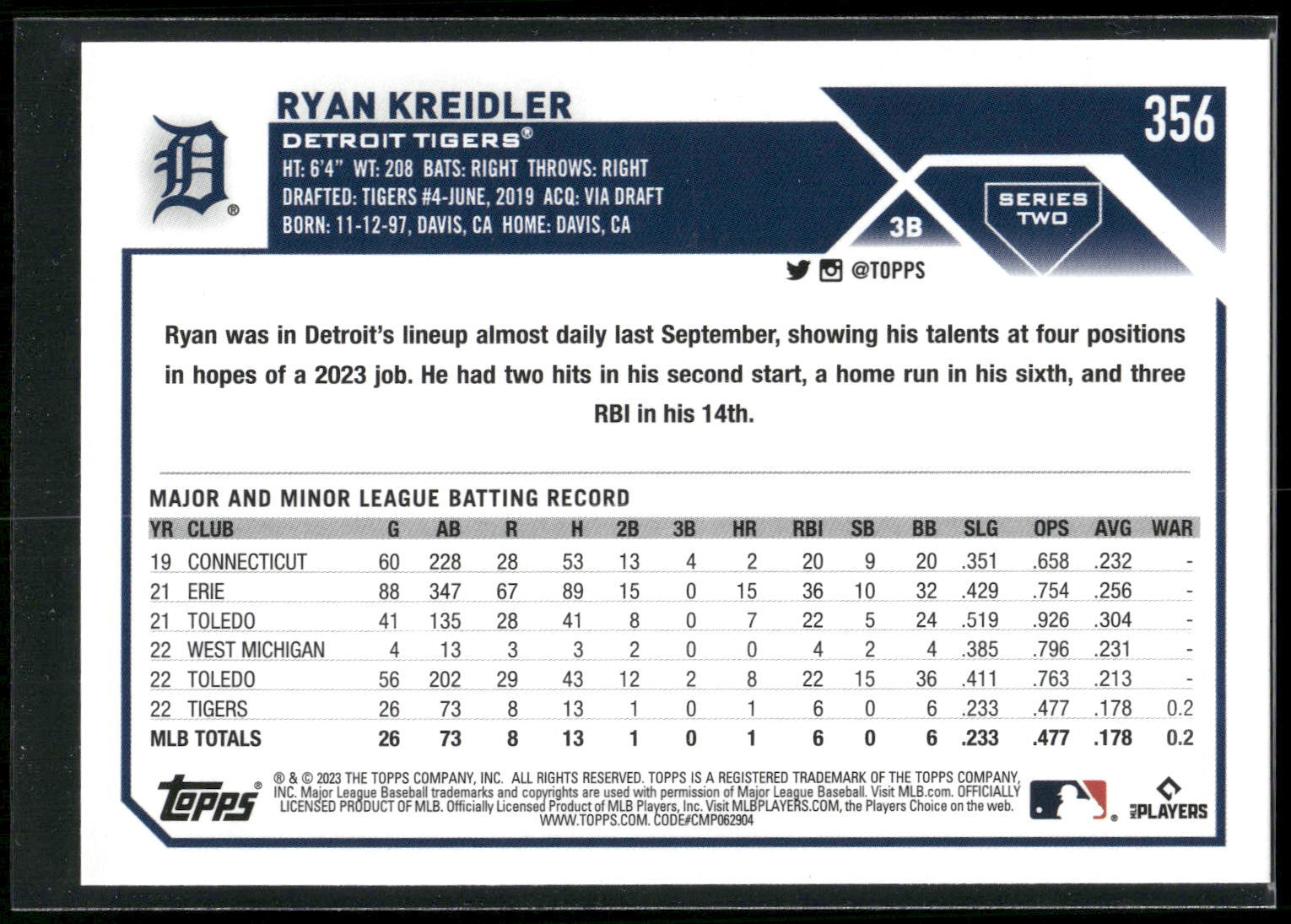 2023 Topps #356 Ryan Kreidler