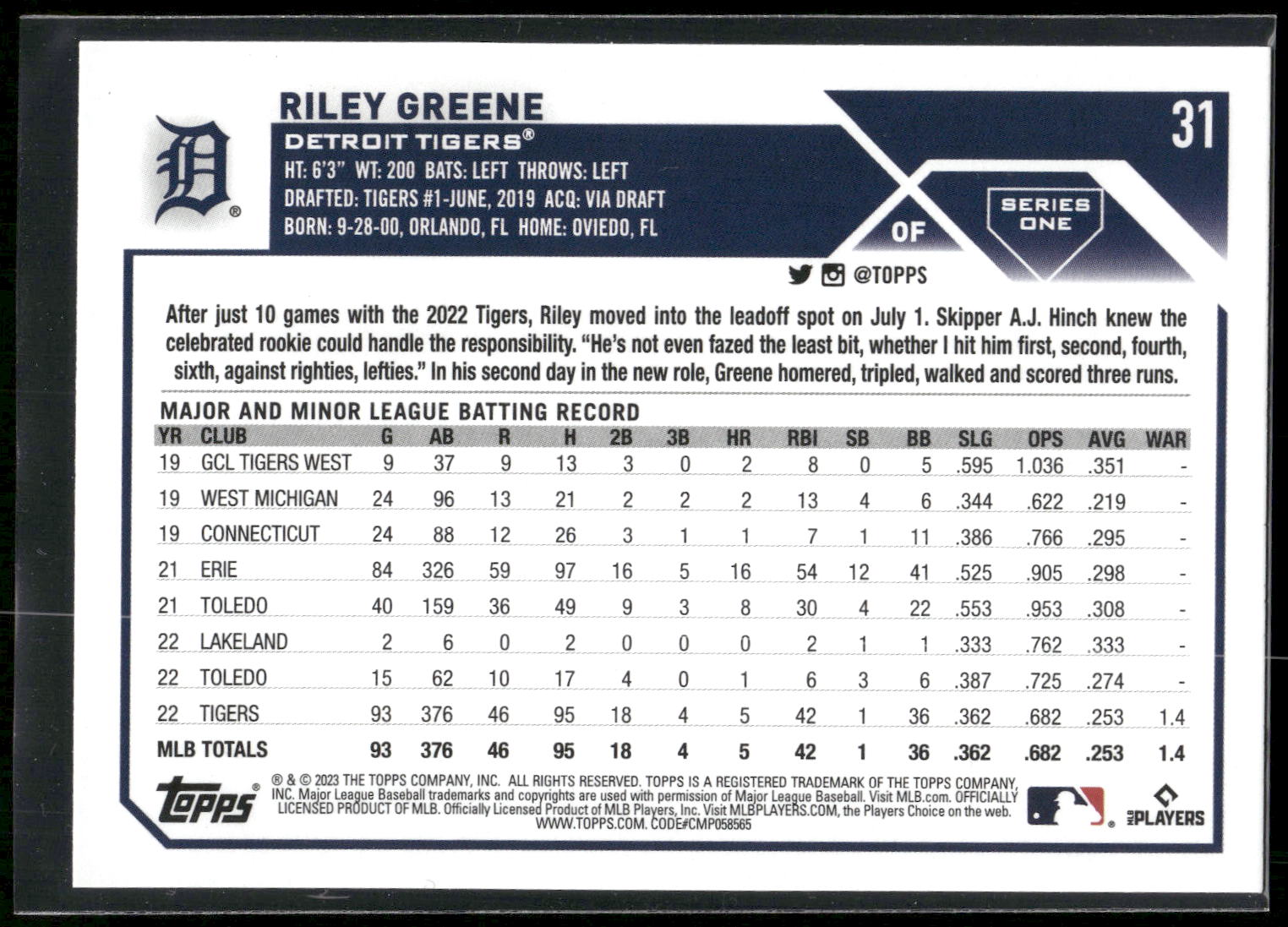 2023 Topps #31 Riley Greene