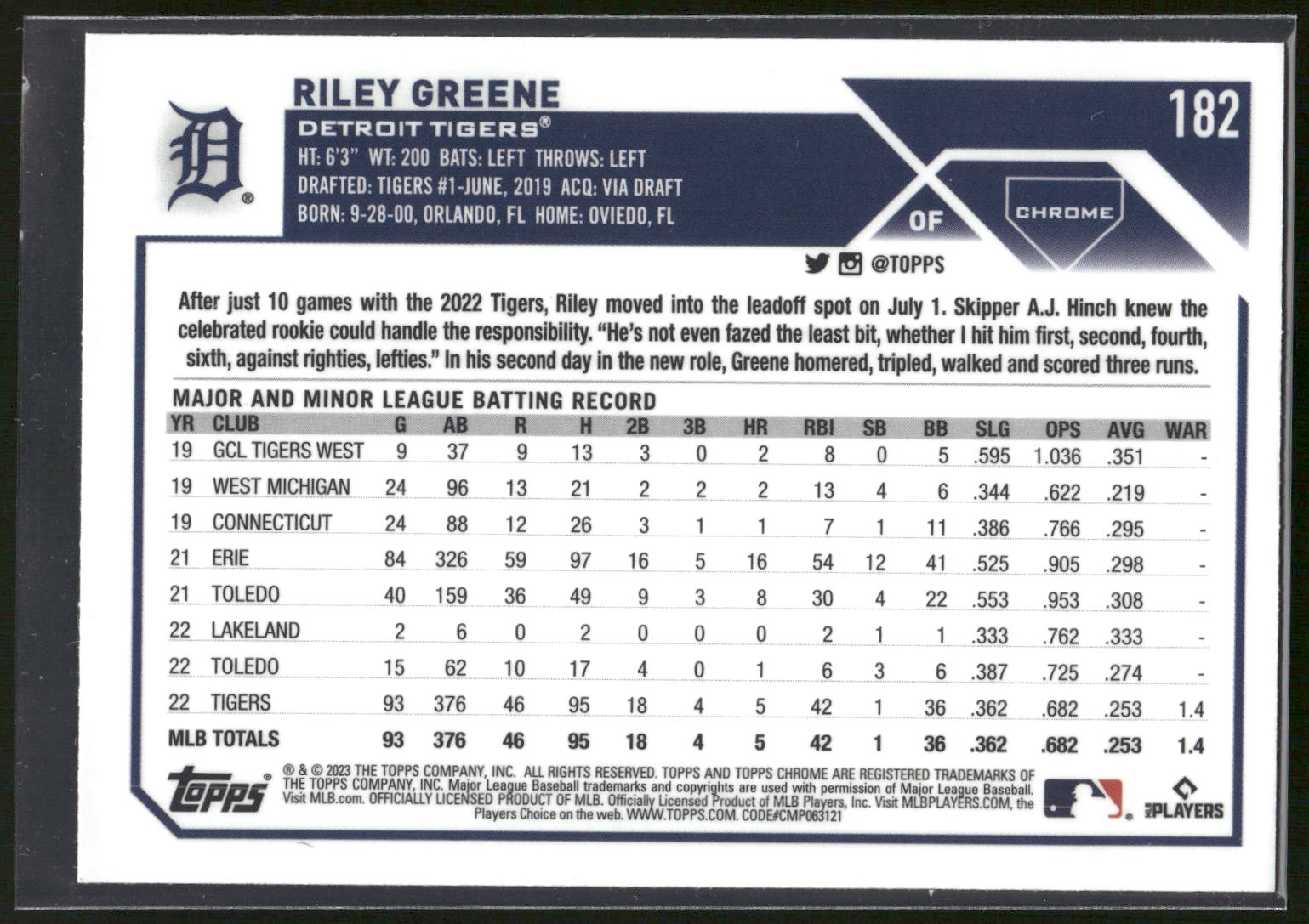 2023 Topps Chrome #182 Riley Greene