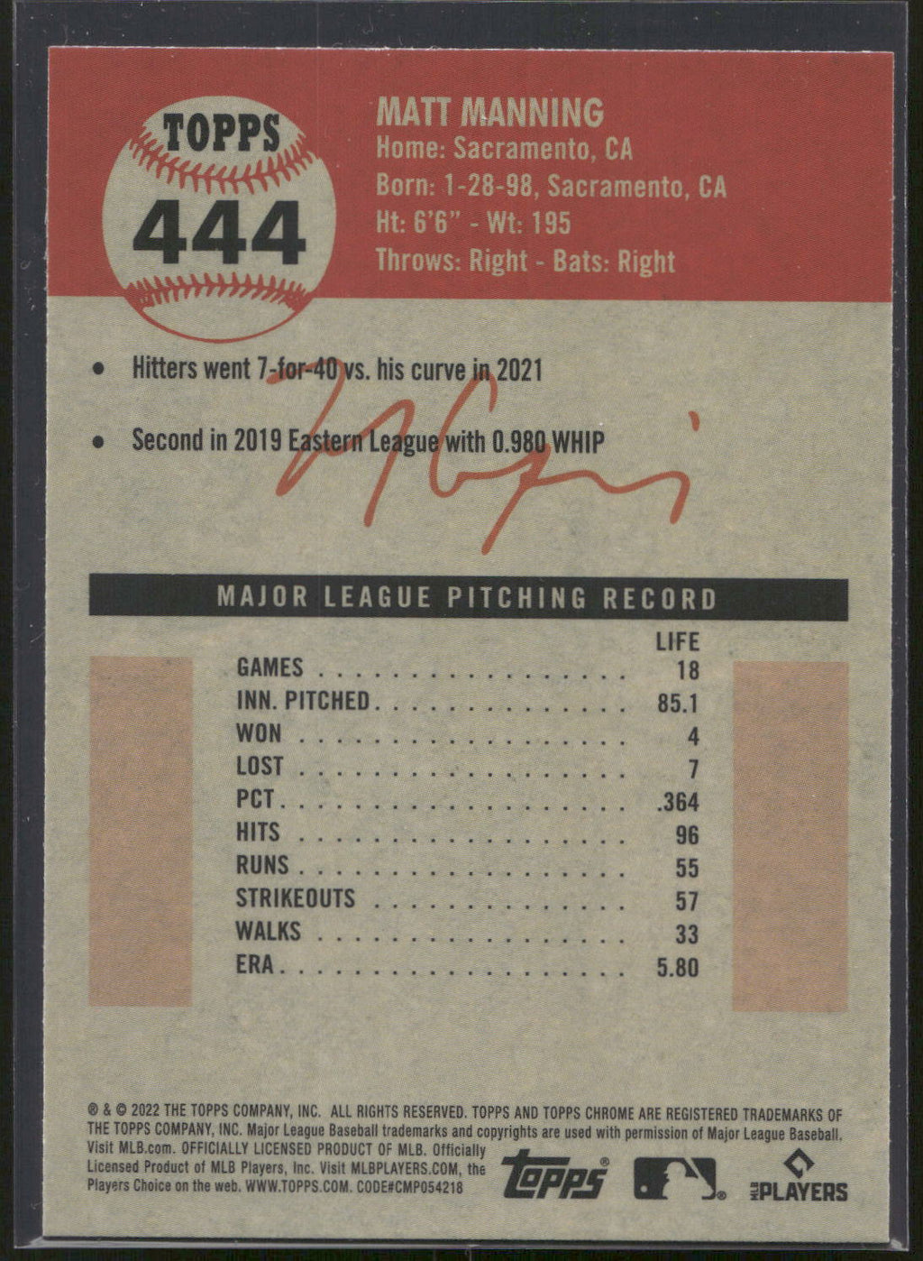 2022 Topps Chrome Platinum Anniversary #444 Matt Manning