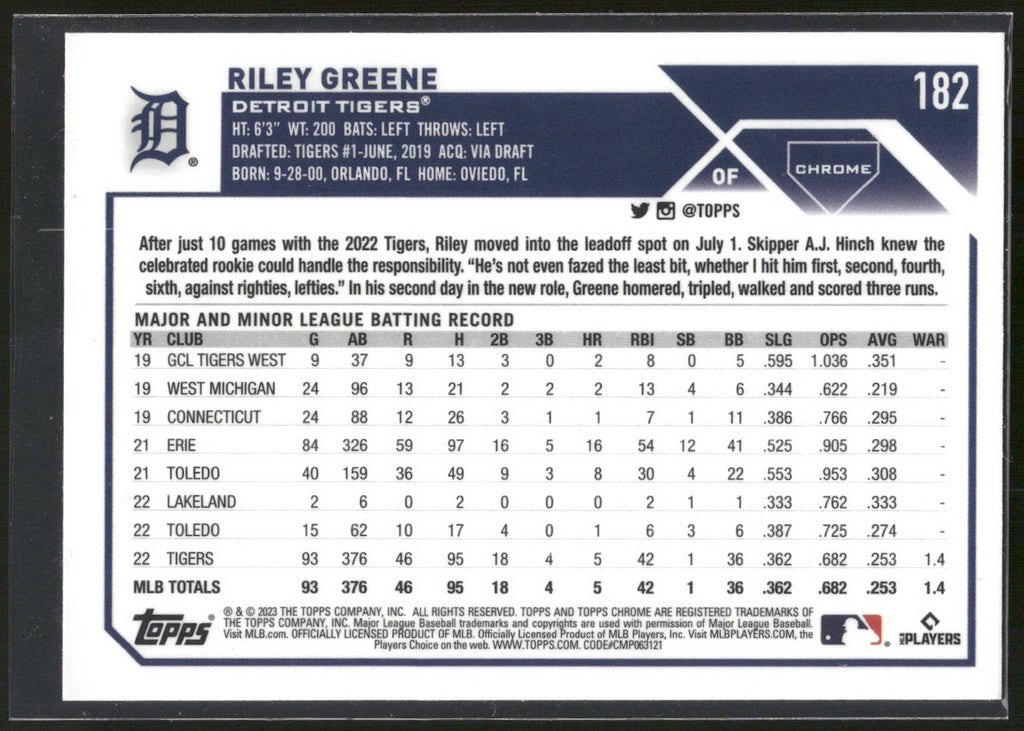 2023 Topps Chrome #182 Riley Greene