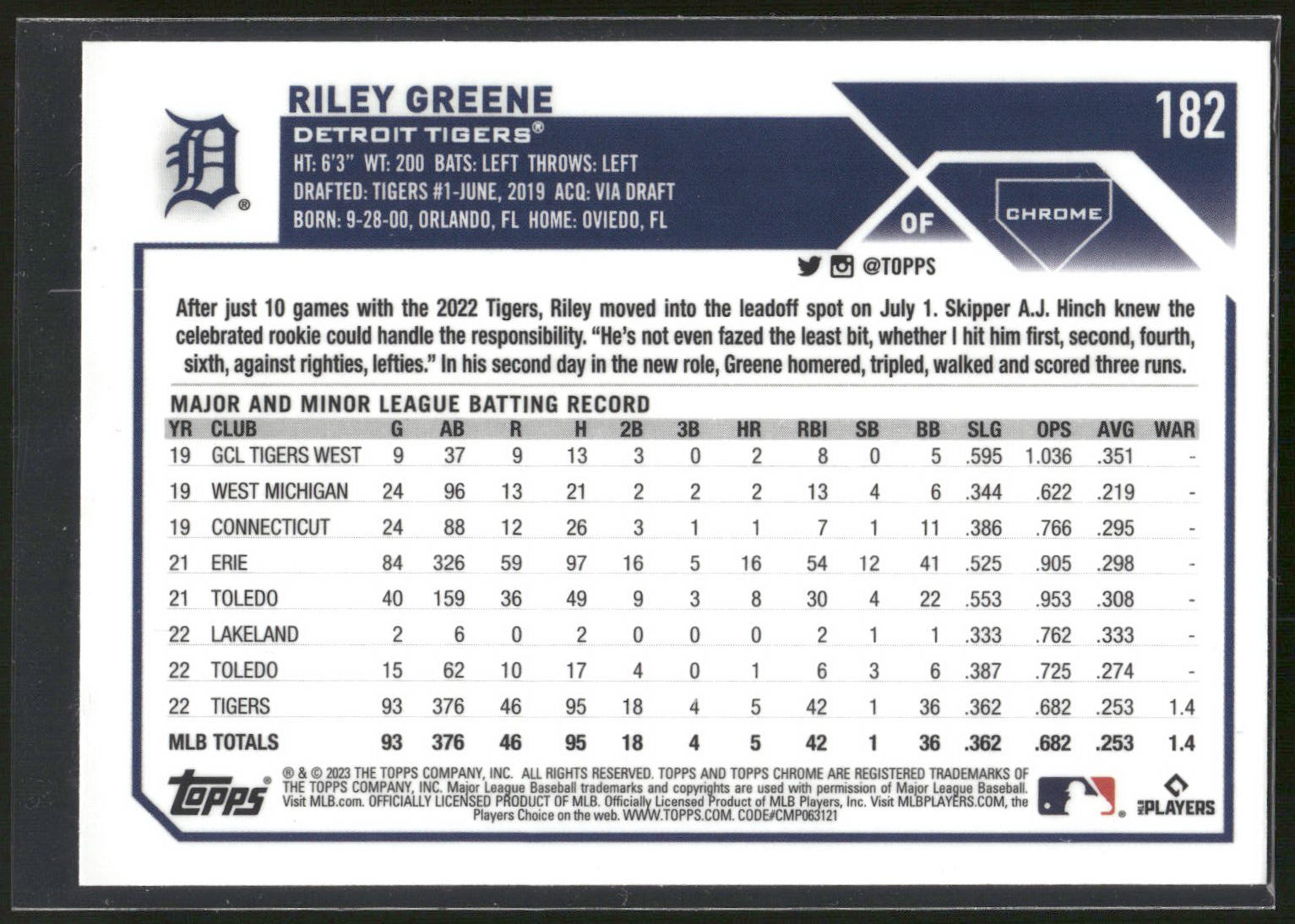 2023 Topps Chrome #182 Riley Greene