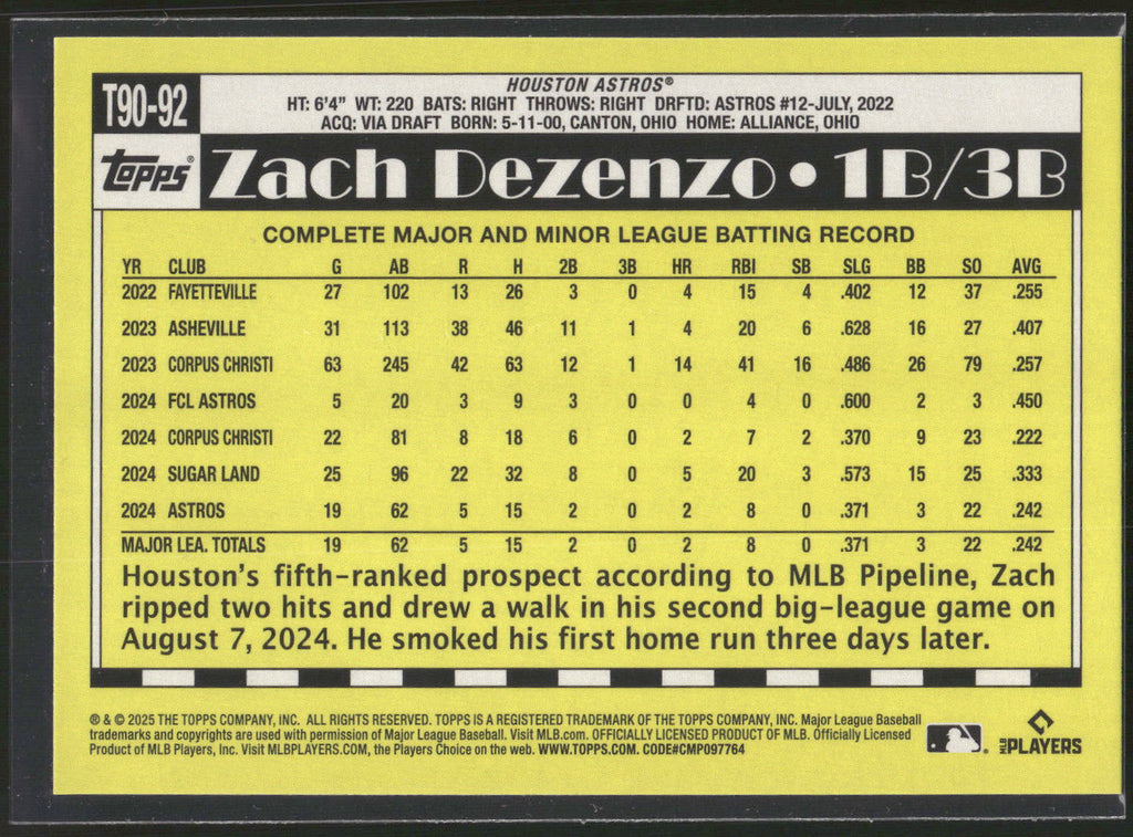 2025 Topps #T90-92 Zach Dezenzo 1990 Topps Baseball 35th