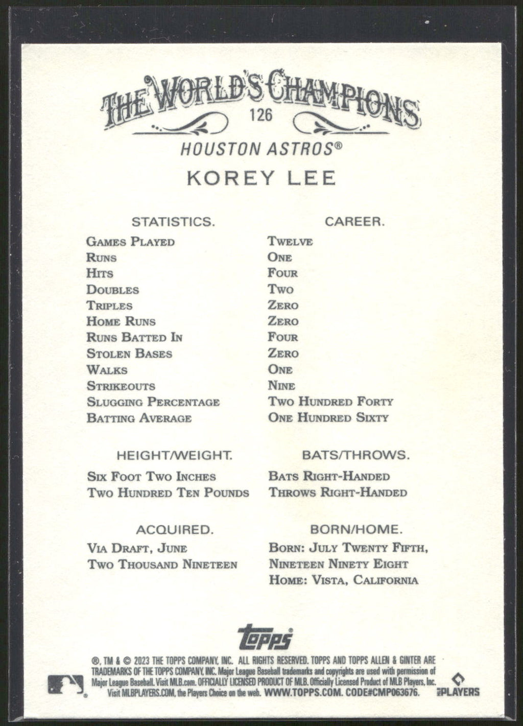 2023 Topps Allen & Ginter #126 Korey Lee