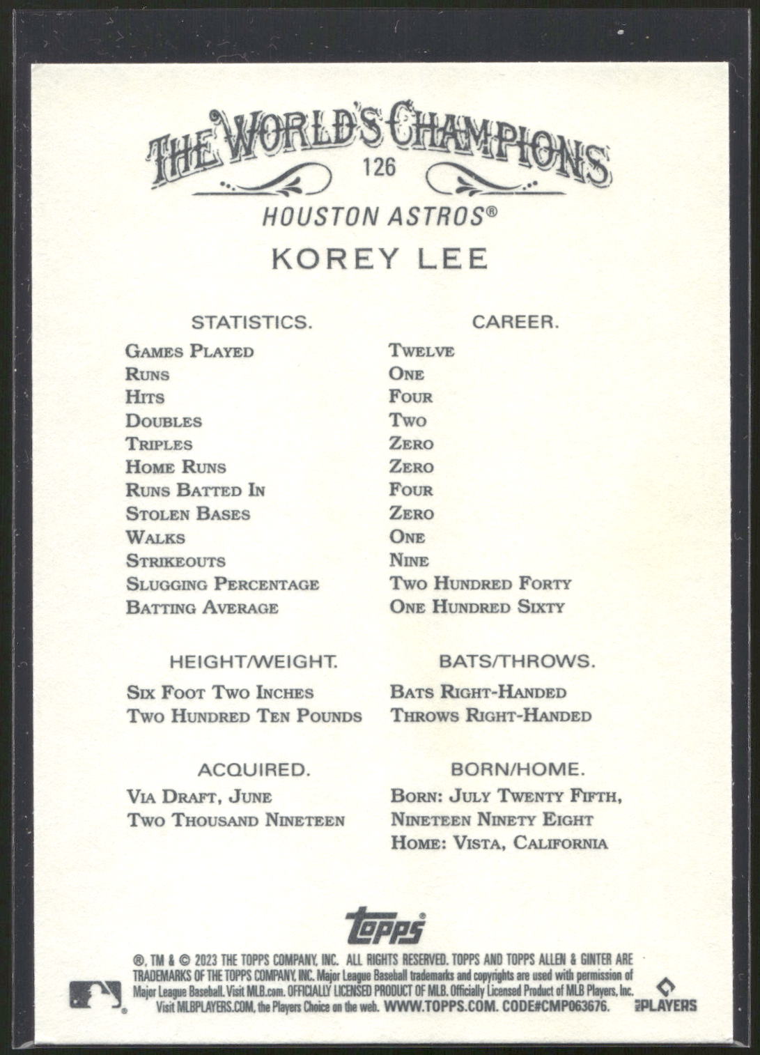 2023 Topps Allen & Ginter #126 Korey Lee