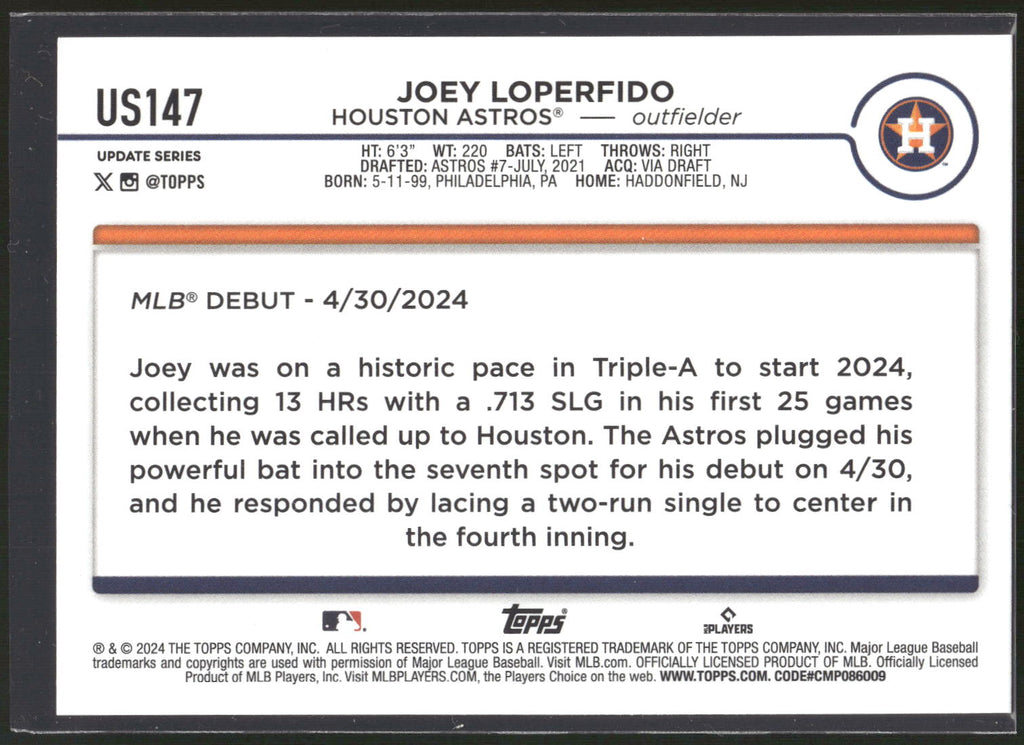 2024 Topps Update #US147 Joey Loperfido Yellow
