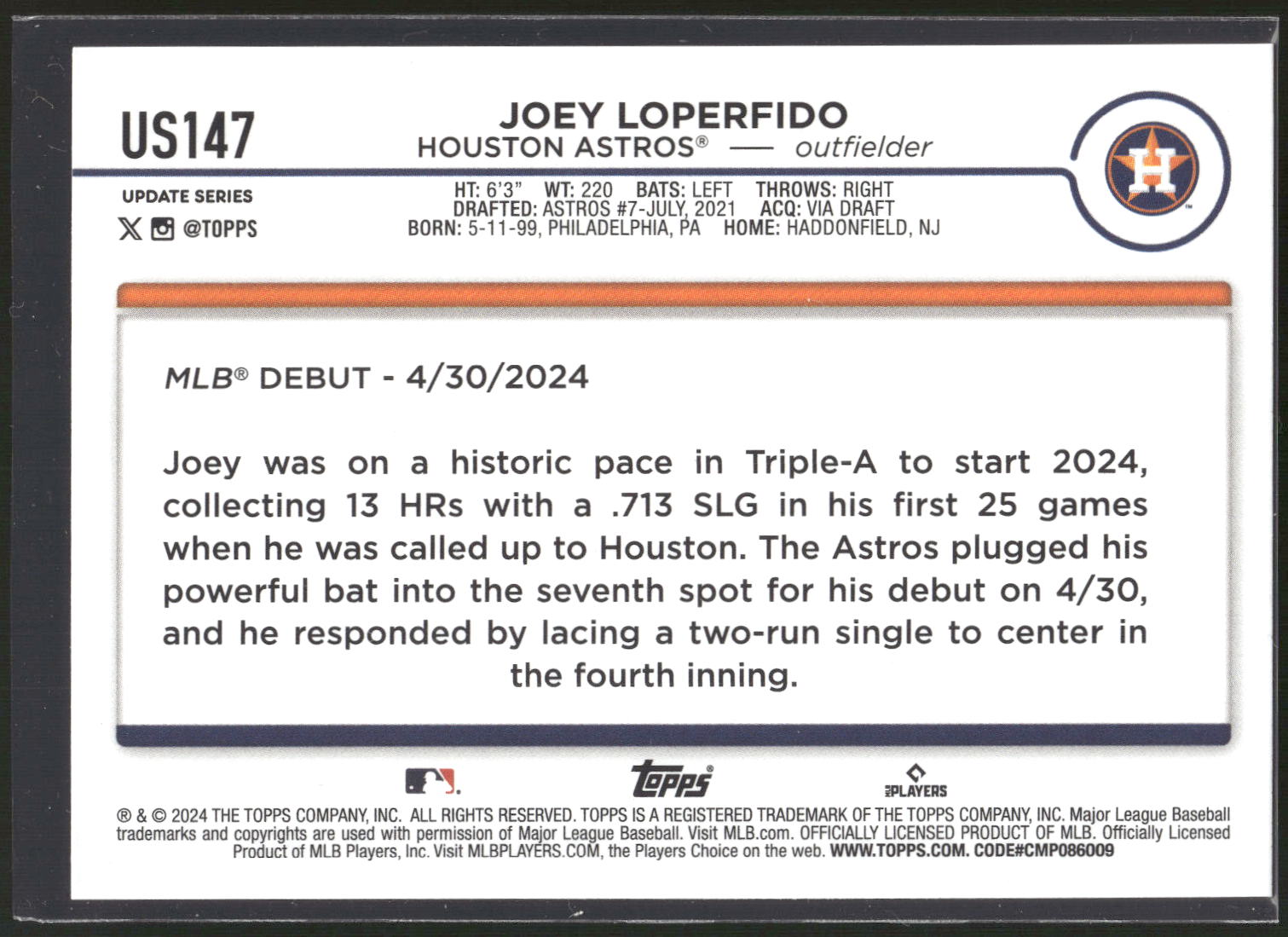 2024 Topps Update #US147 Joey Loperfido Yellow