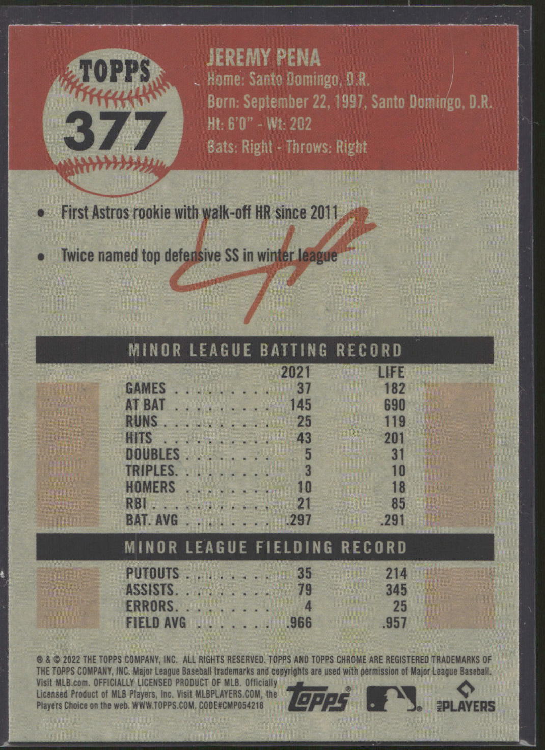 2022 Topps Chrome Platinum Anniversary #377 Jeremy Pena