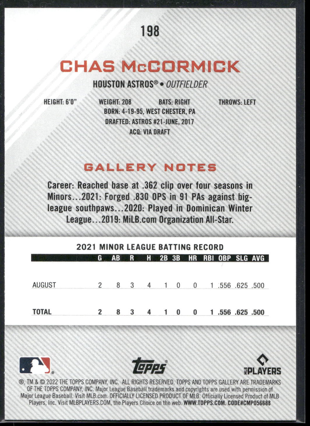2022 Topps Gallery #198 Chas McCormick Printer Proof