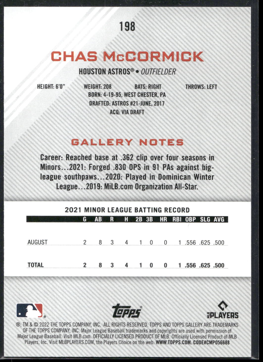 2022 Topps Gallery #198 Chas McCormick Printer Proof