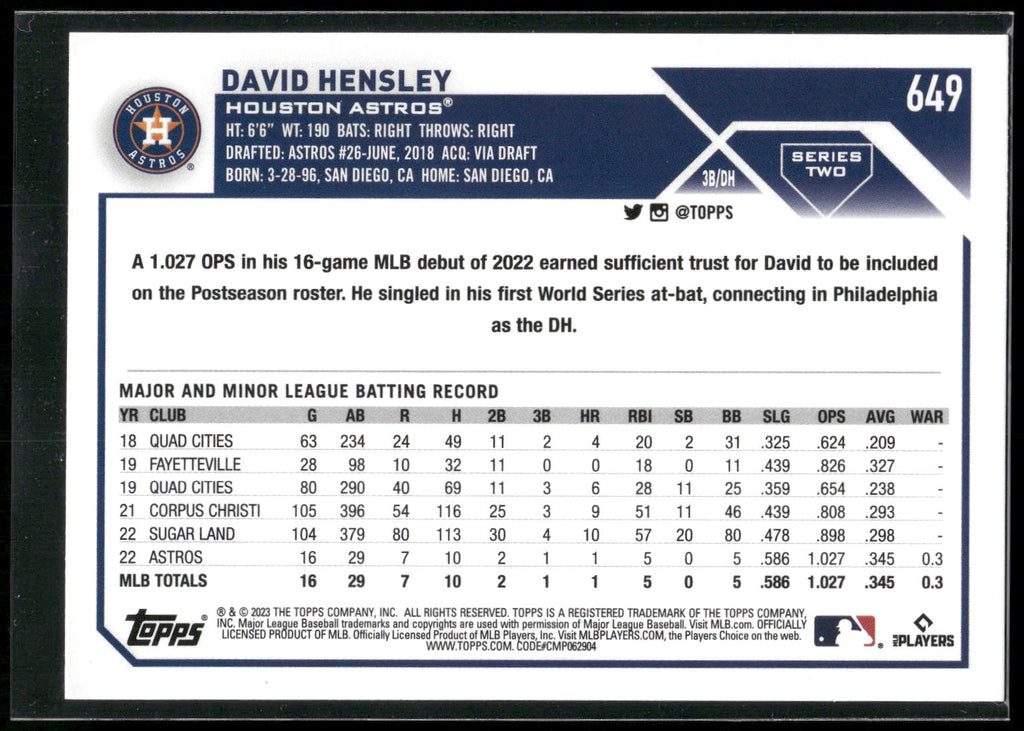 2023 Topps #649 David Hensley