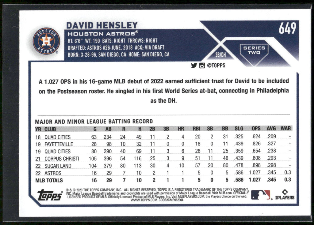 2023 Topps #649 David Hensley