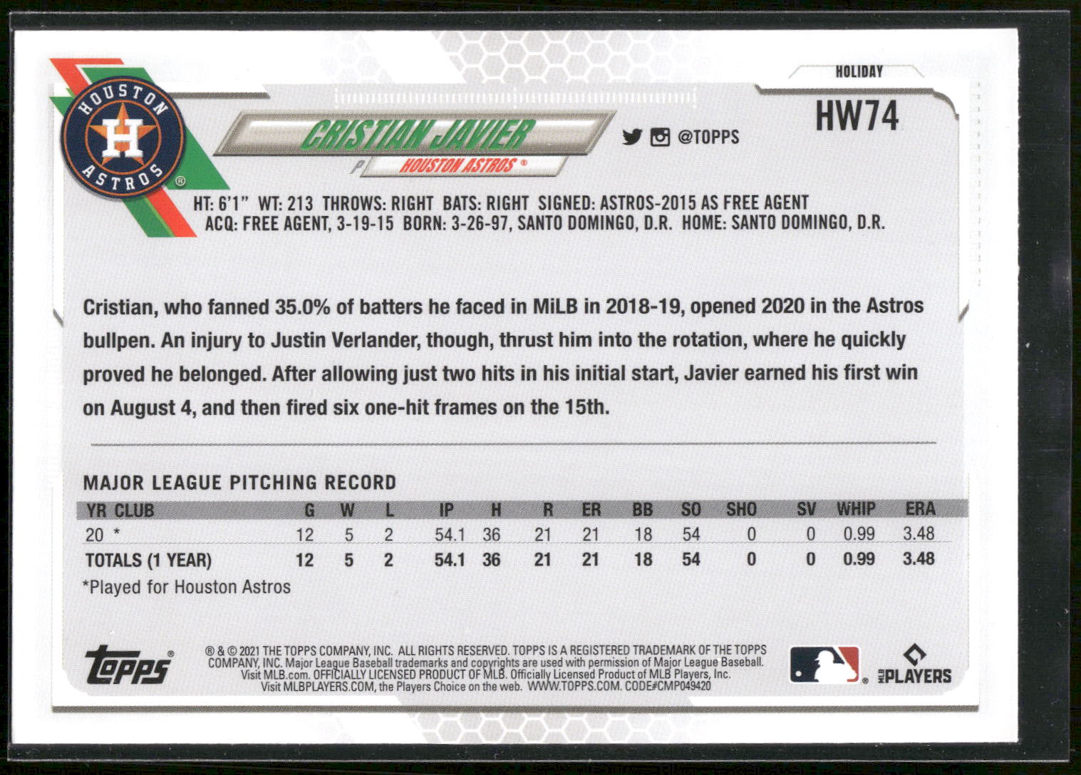 2021 Topps Holiday #HW74 Cristian Javier