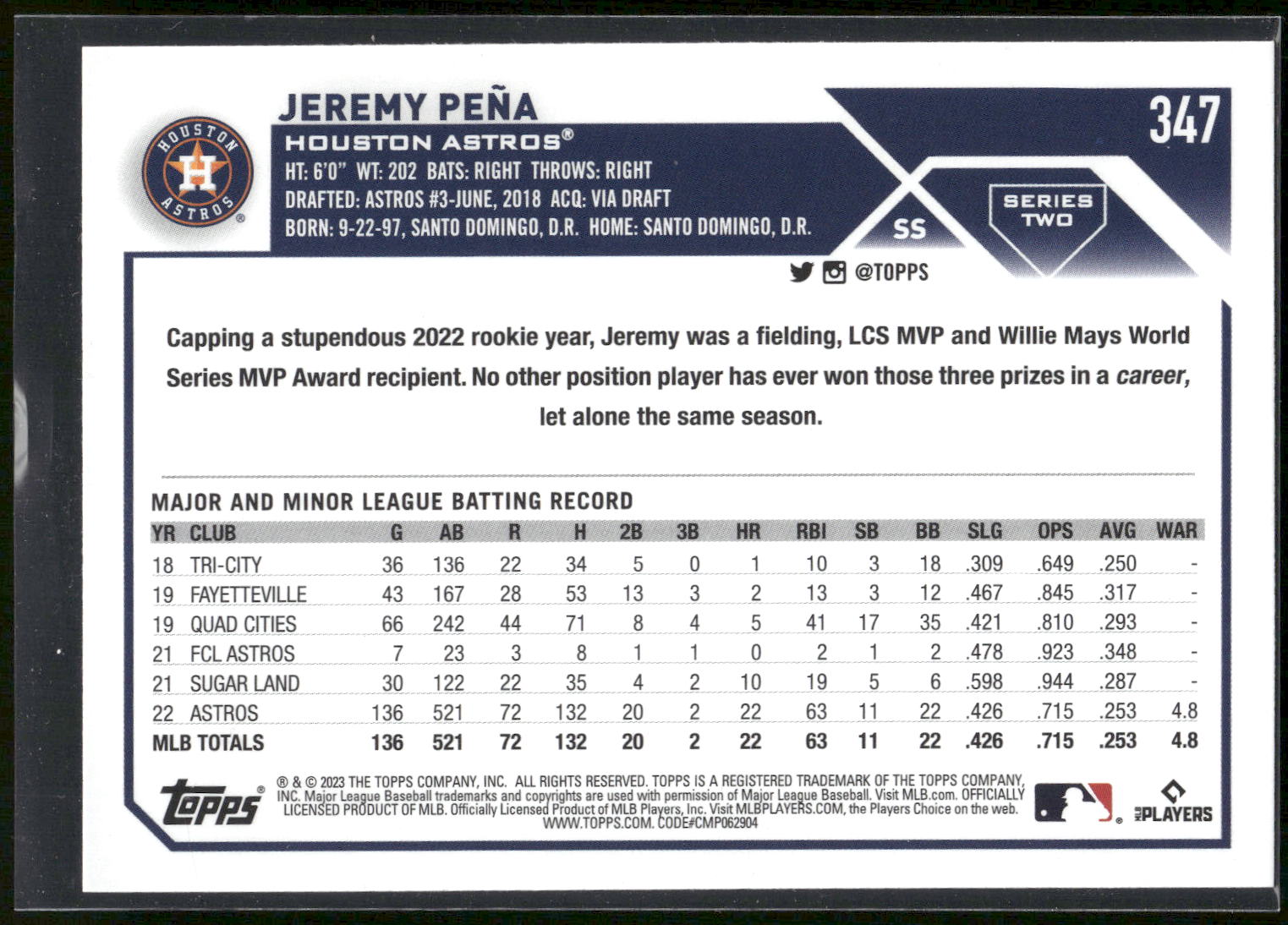 2023 Topps #347 Jeremy Peña