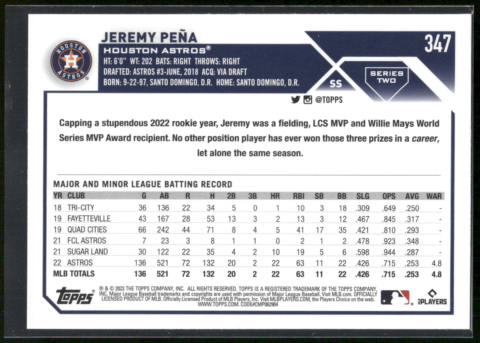 2023 Topps #347 Jeremy Peña
