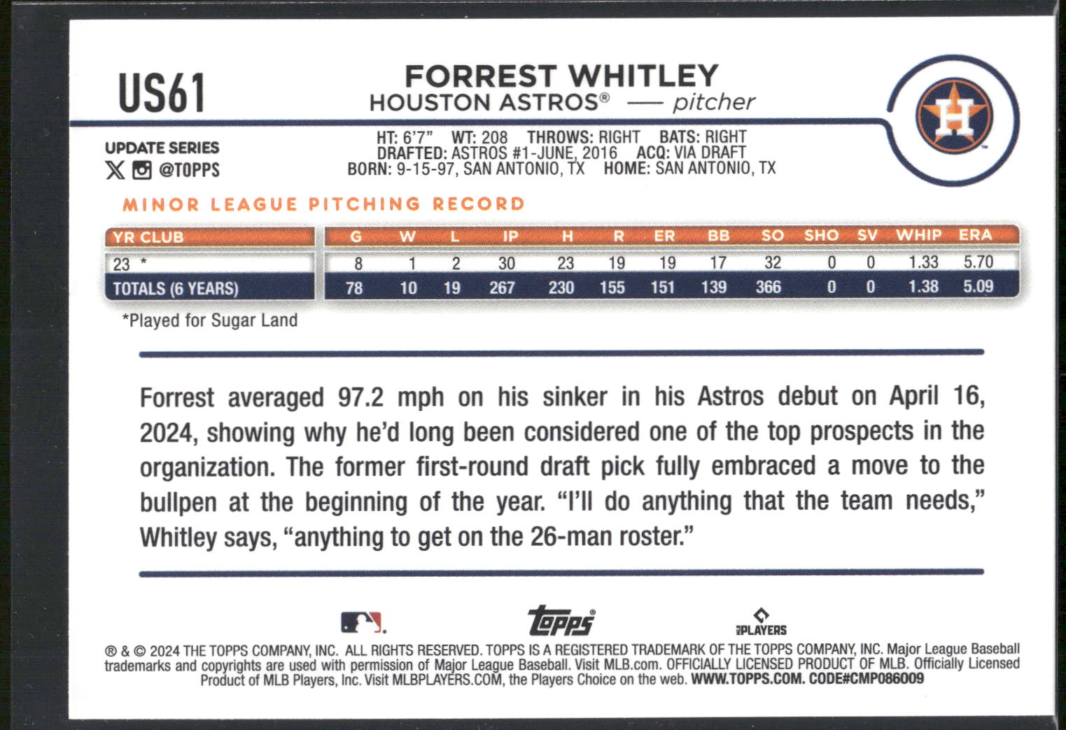 2024 Topps Update #US61 Forrest Whitley Yellow