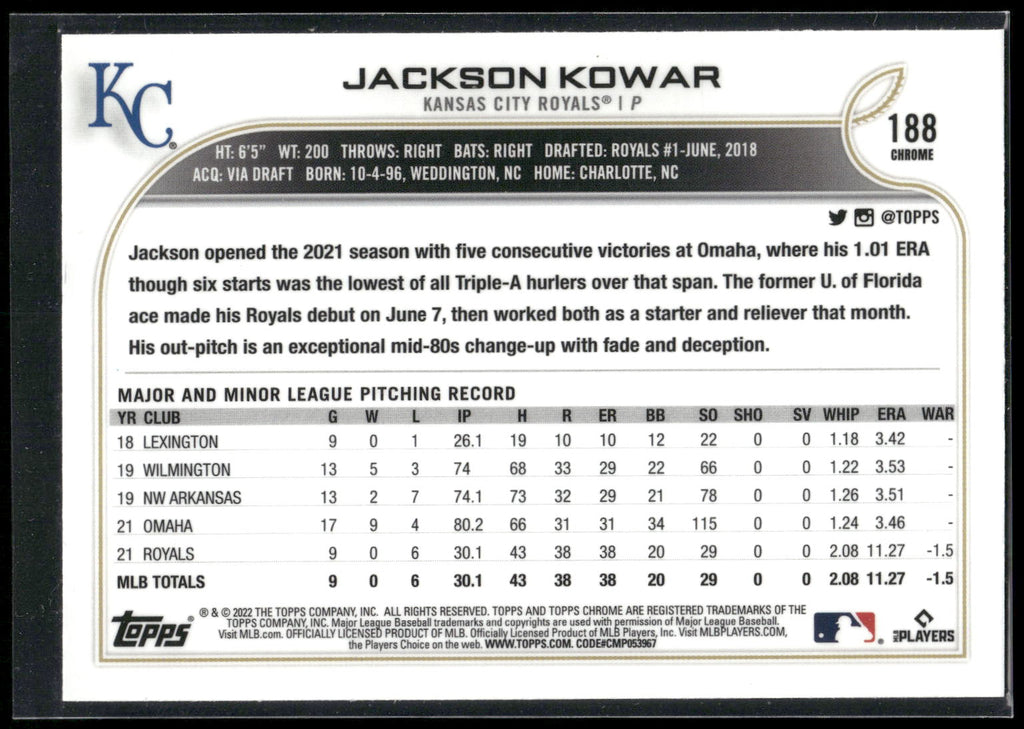 2022 Topps Chrome Sonic #188 Jackson Kowar
