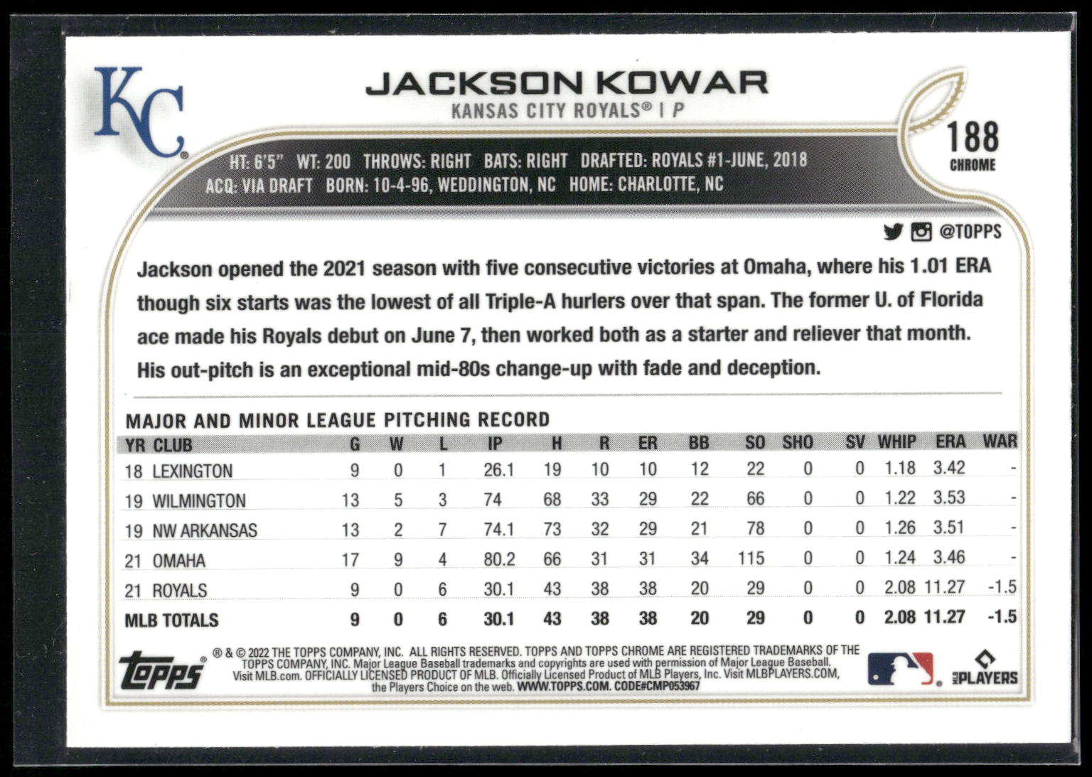 2022 Topps Chrome Sonic #188 Jackson Kowar