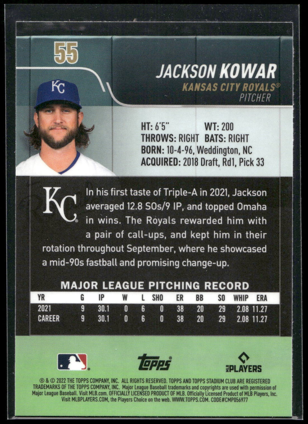 2022 Stadium Club Chrome #55 Jackson Kowar