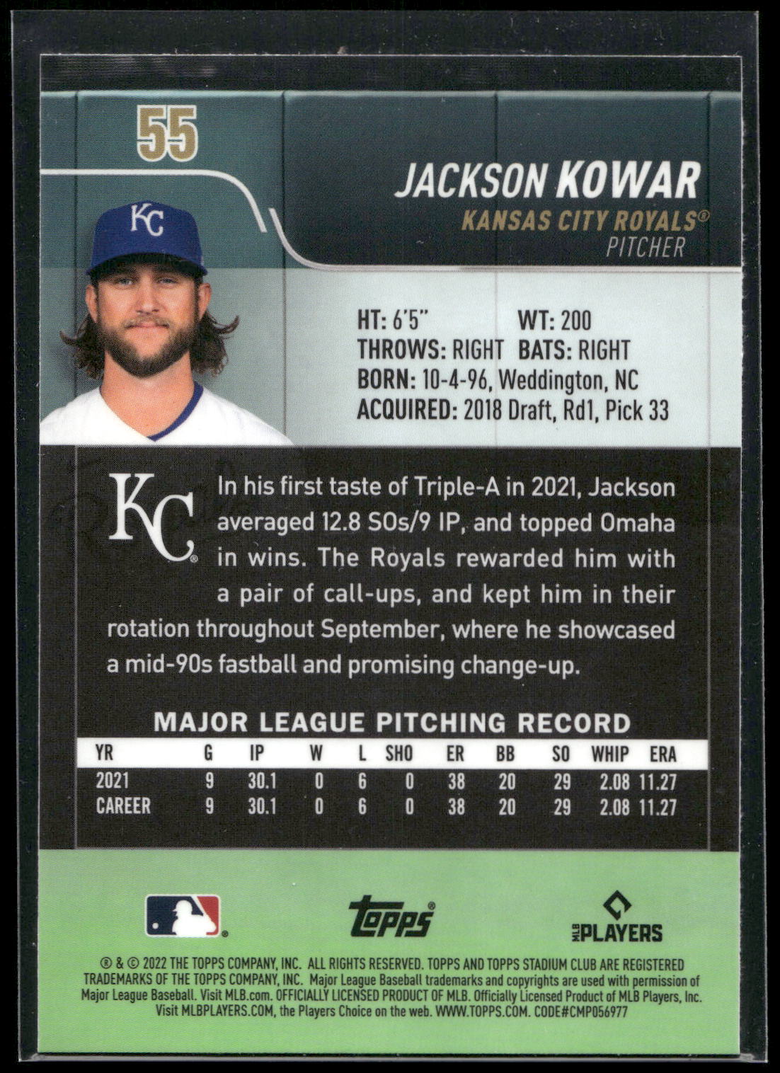2022 Stadium Club Chrome #55 Jackson Kowar