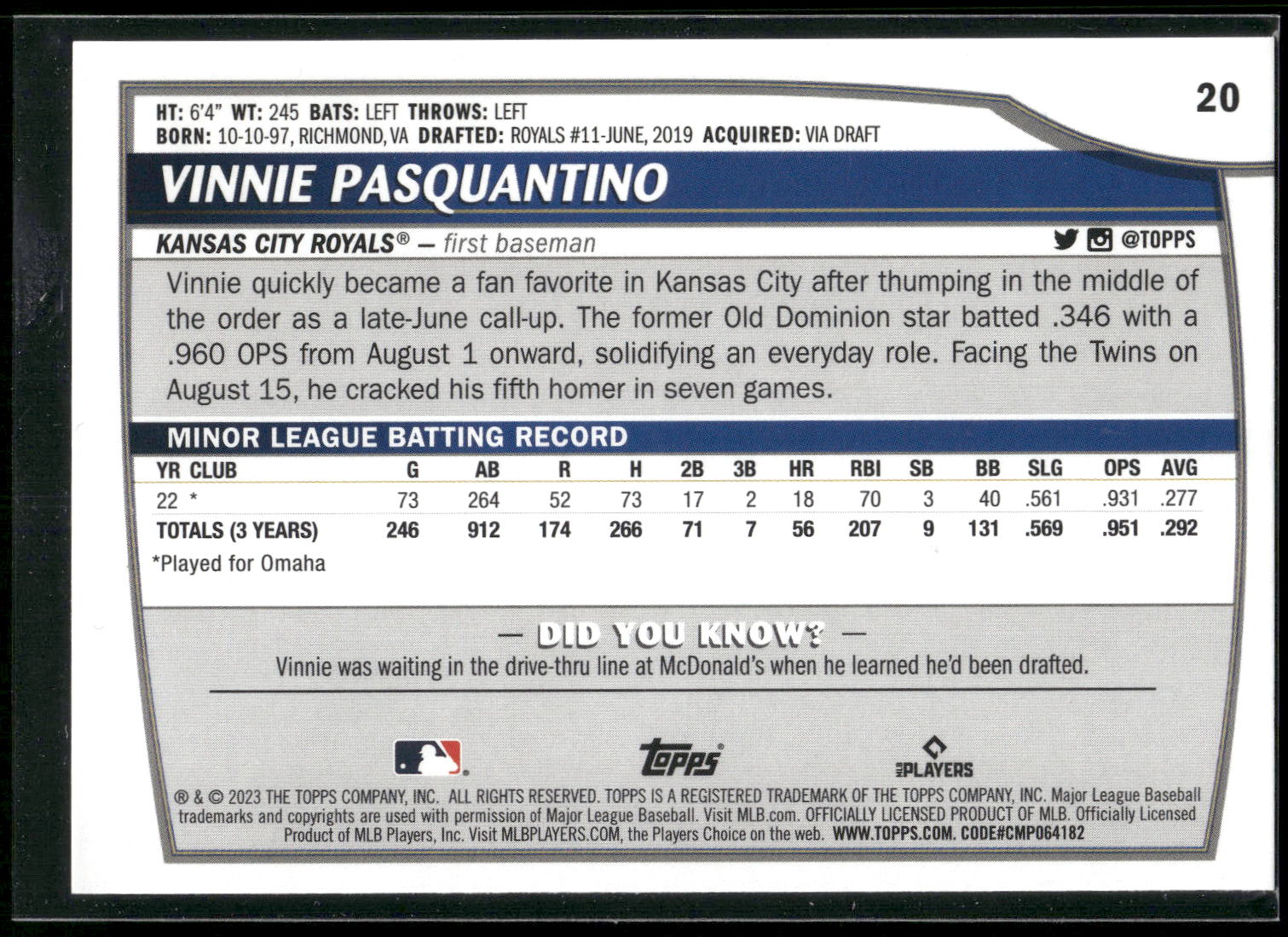2023 Topps Big League #20 Vinnie Pasquantino