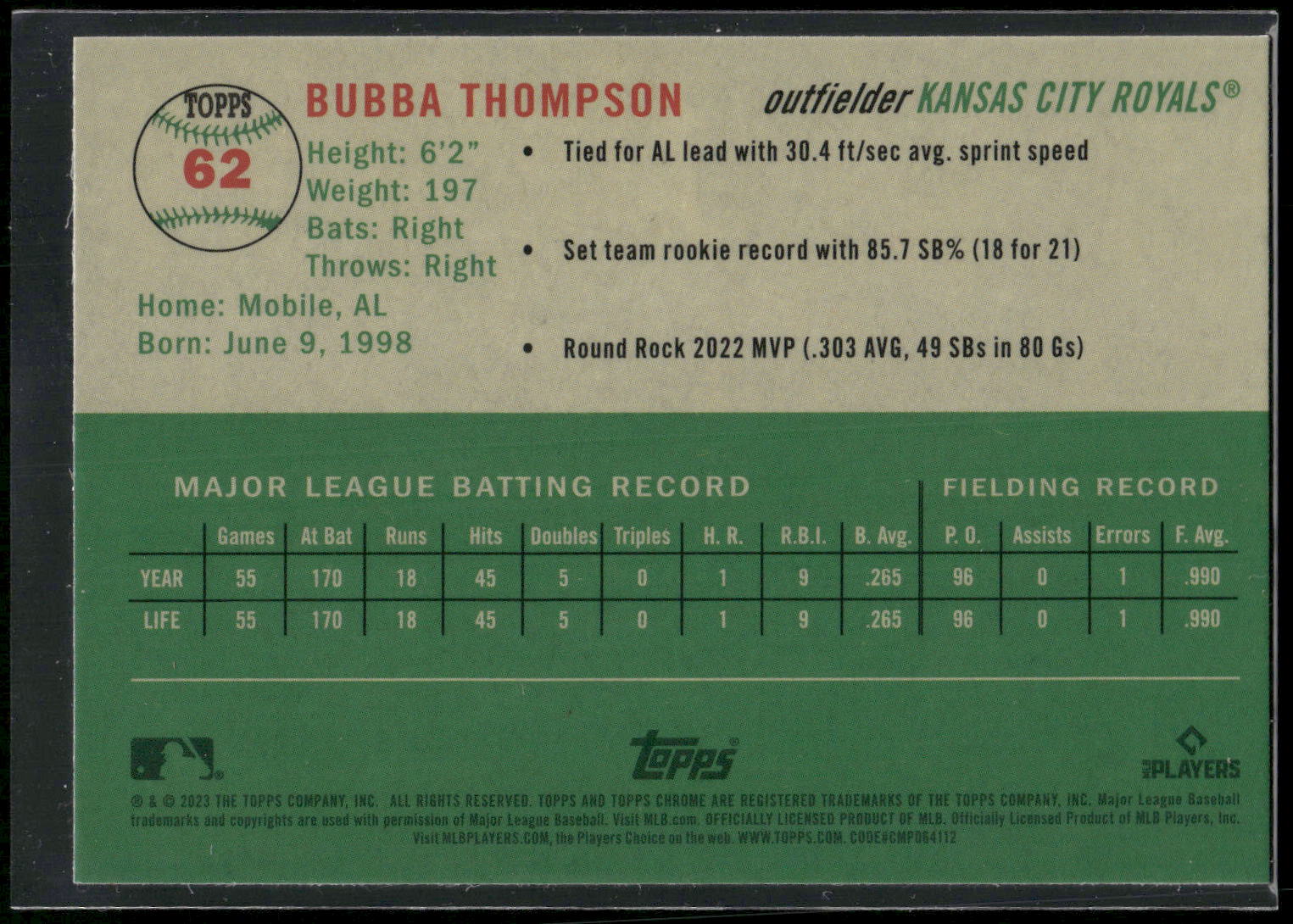2023 Topps Chrome Platinum Anniversary #62 Bubba Thompson