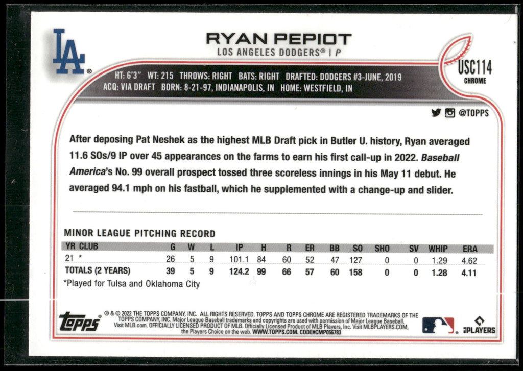 2022 Topps Chrome Update #USC114 Ryan Pepiot Purple Refractor